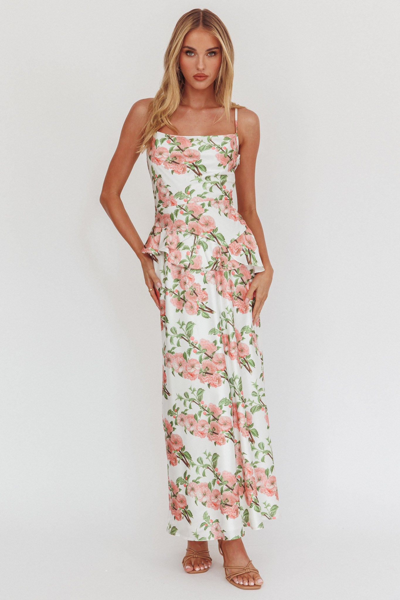 Jerica Ruffle Waist Maxi Dress Floral Blush by Selfie Leslie