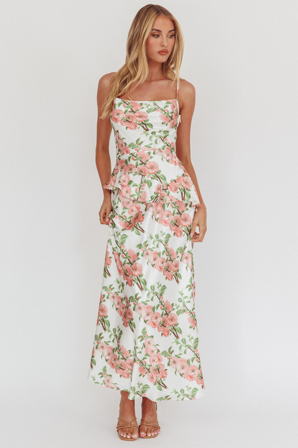 Jerica Ruffle Waist Maxi Dress Floral Blush by Selfie Leslie
