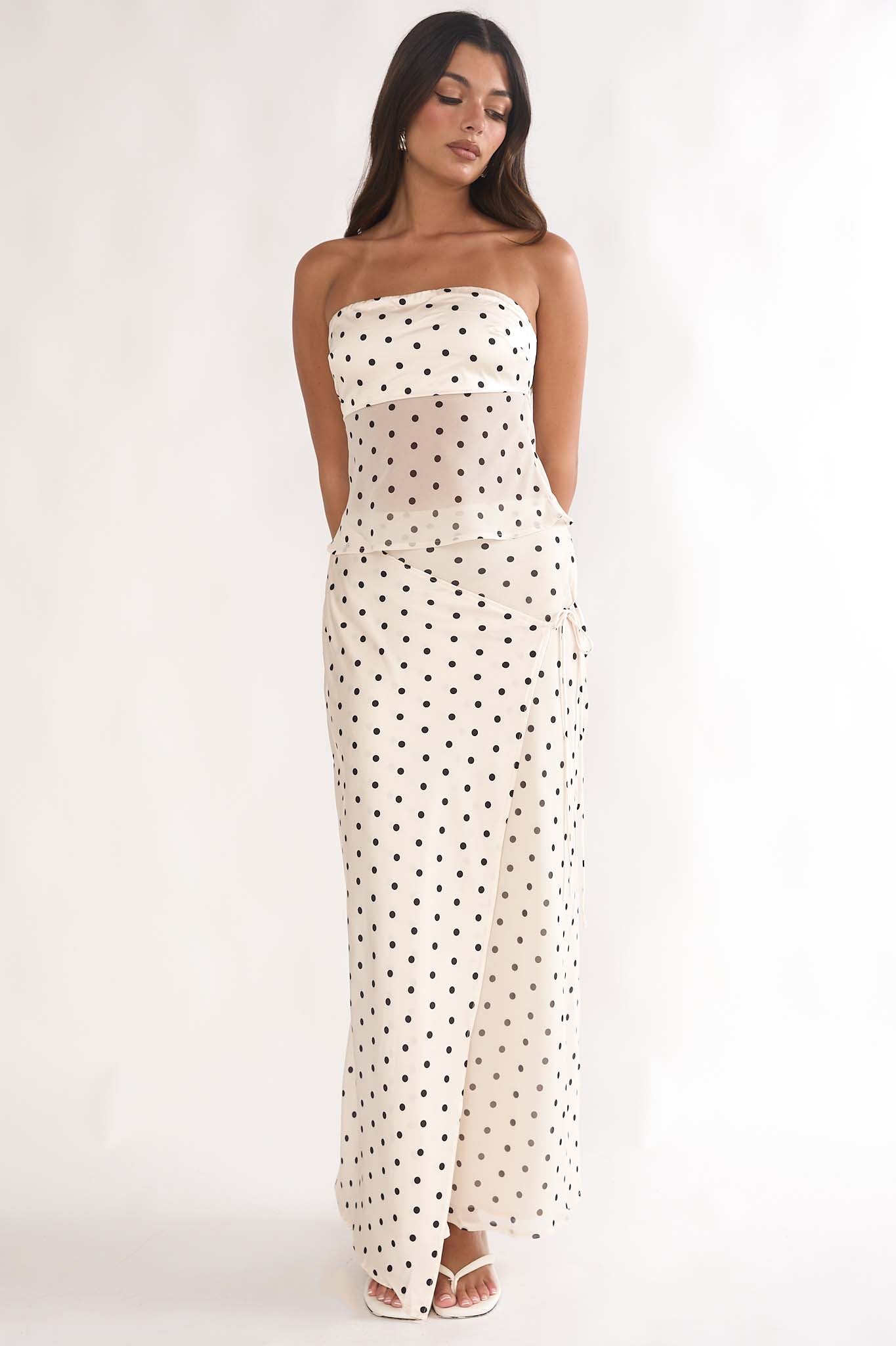Jerica Wrap Front Maxi Skirt Polka Dot Beige by Selfie Leslie