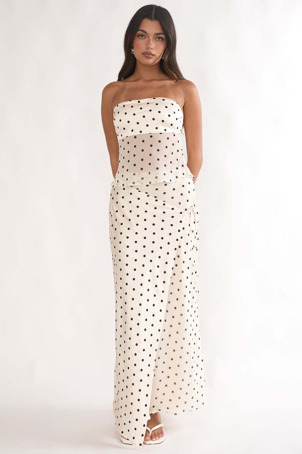 Jerica Wrap Front Maxi Skirt Polka Dot Beige by Selfie Leslie