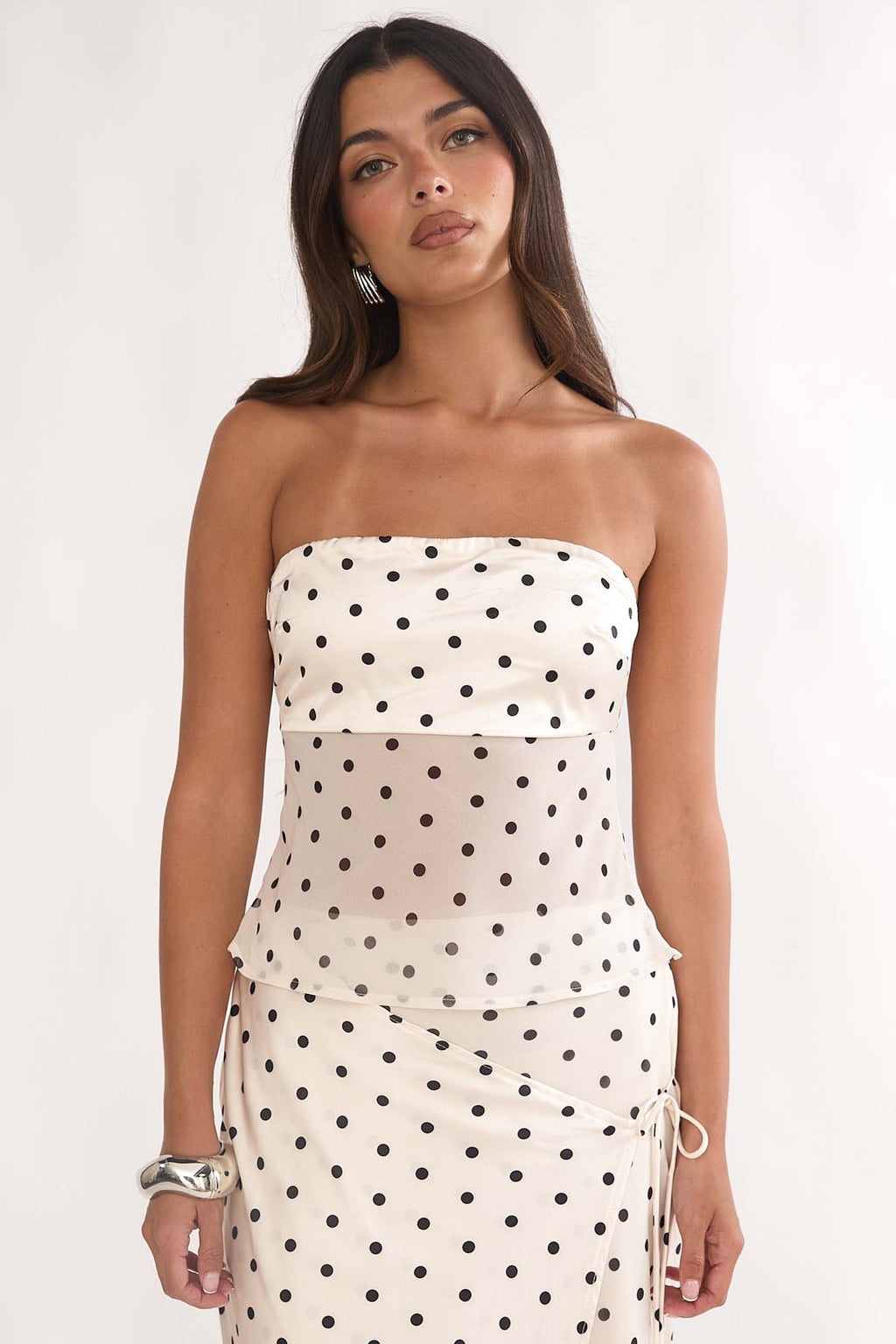 Jerica Strapless Sheer Waist Top Polka Dot Beige by Selfie Leslie