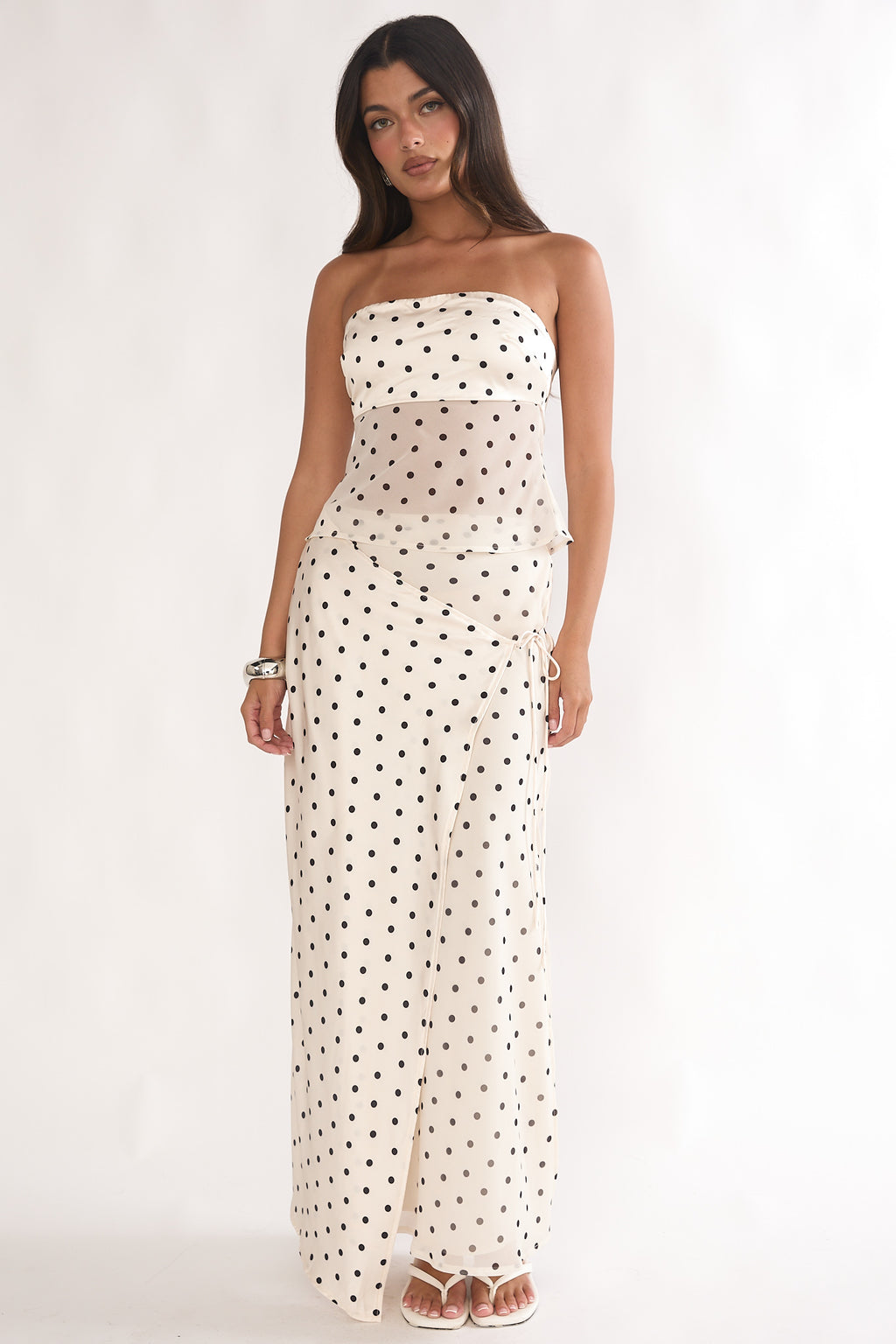 Jerica Strapless Sheer Waist Top Polka Dot Beige by Selfie Leslie