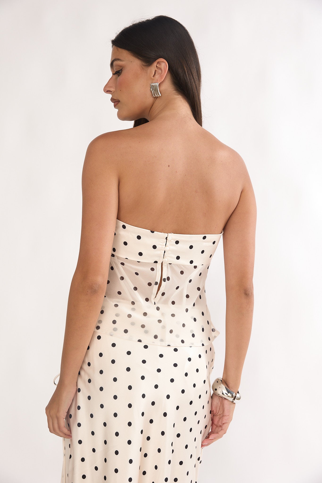 Jerica Strapless Sheer Waist Top Polka Dot Beige by Selfie Leslie