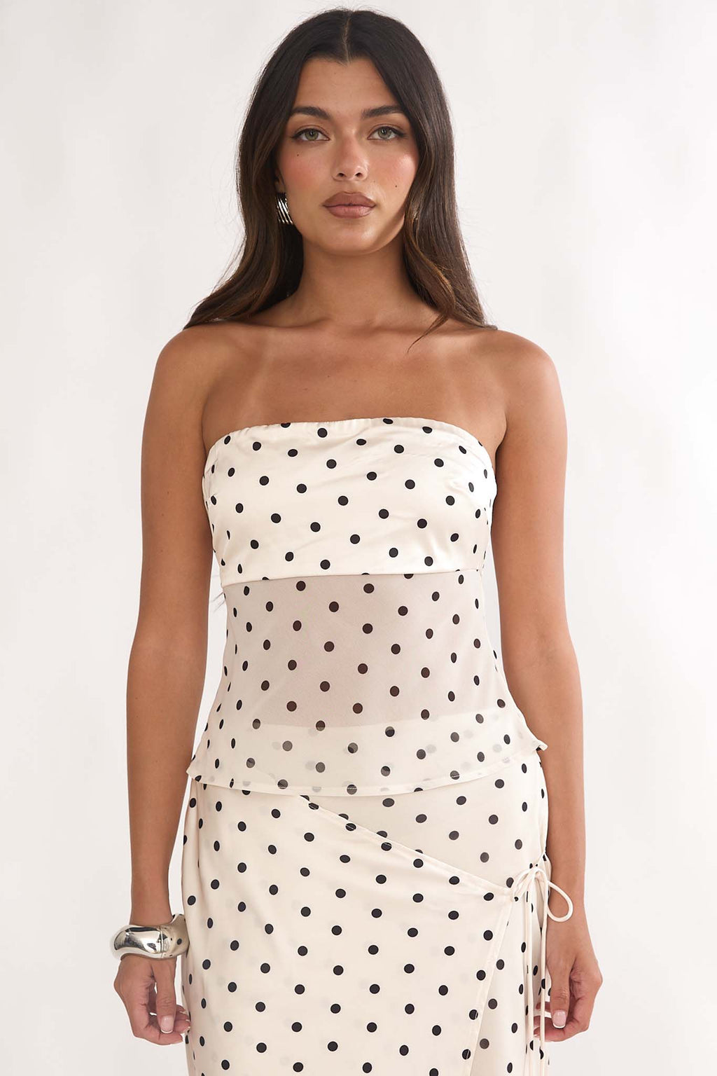 Jerica Strapless Sheer Waist Top Polka Dot Beige by Selfie Leslie