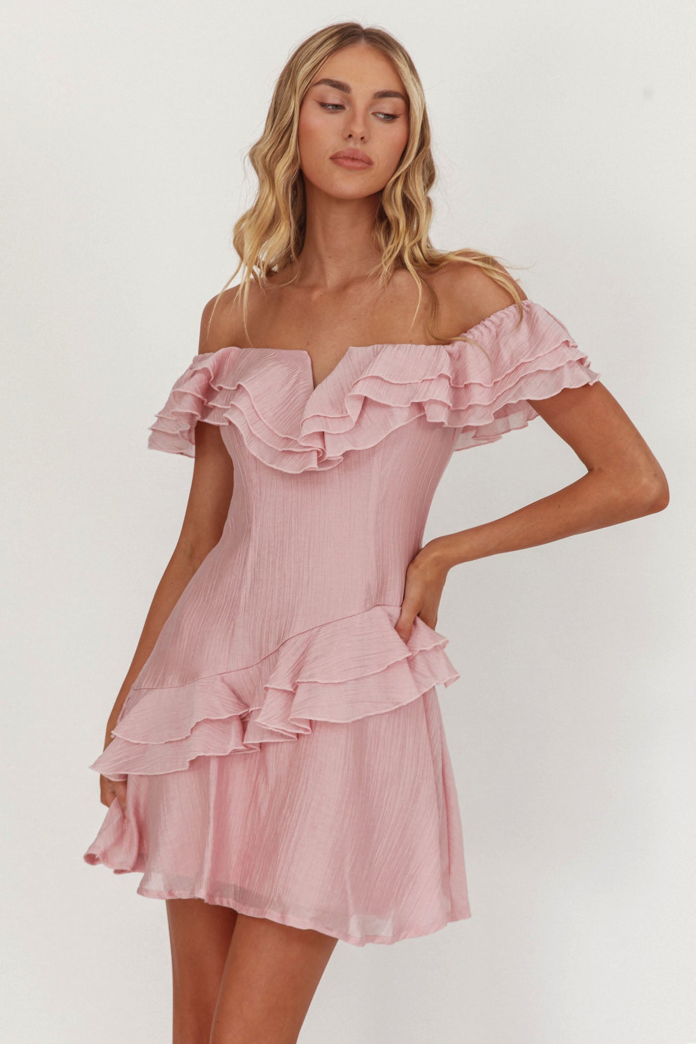 Sinclair Off-Shoulder Ruffle Trim Mini Dress Blush | Selfie Leslie