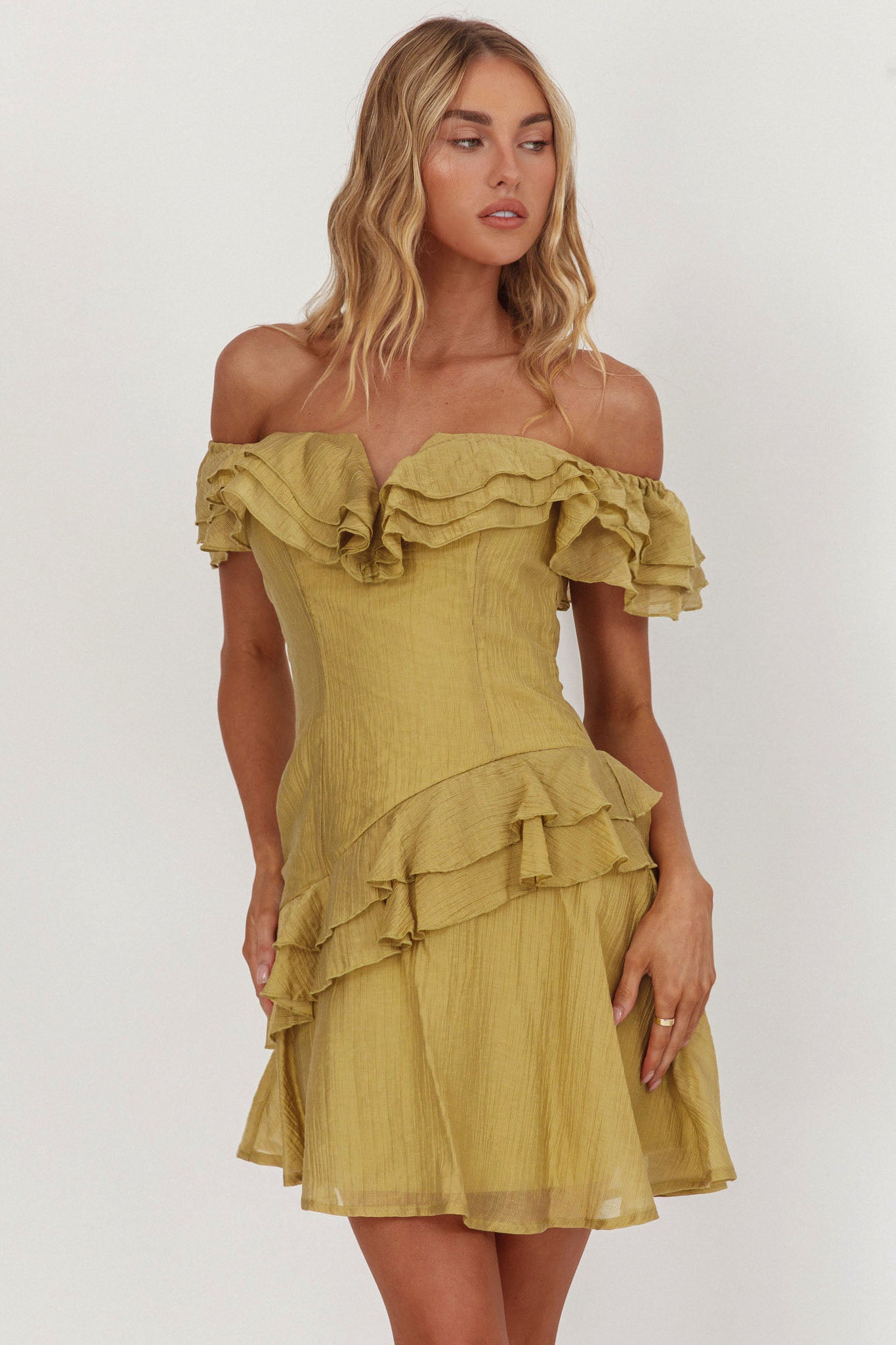 Sinclair Off-Shoulder Ruffle Trim Mini Dress Khaki by Selfie Leslie