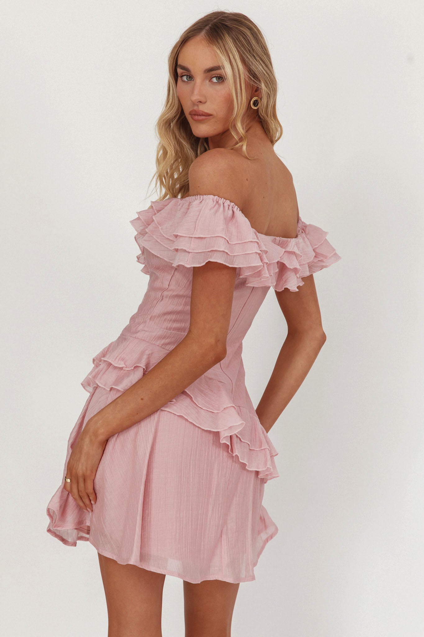 Sinclair Off-Shoulder Ruffle Trim Mini Dress Blush– Selfie Leslie