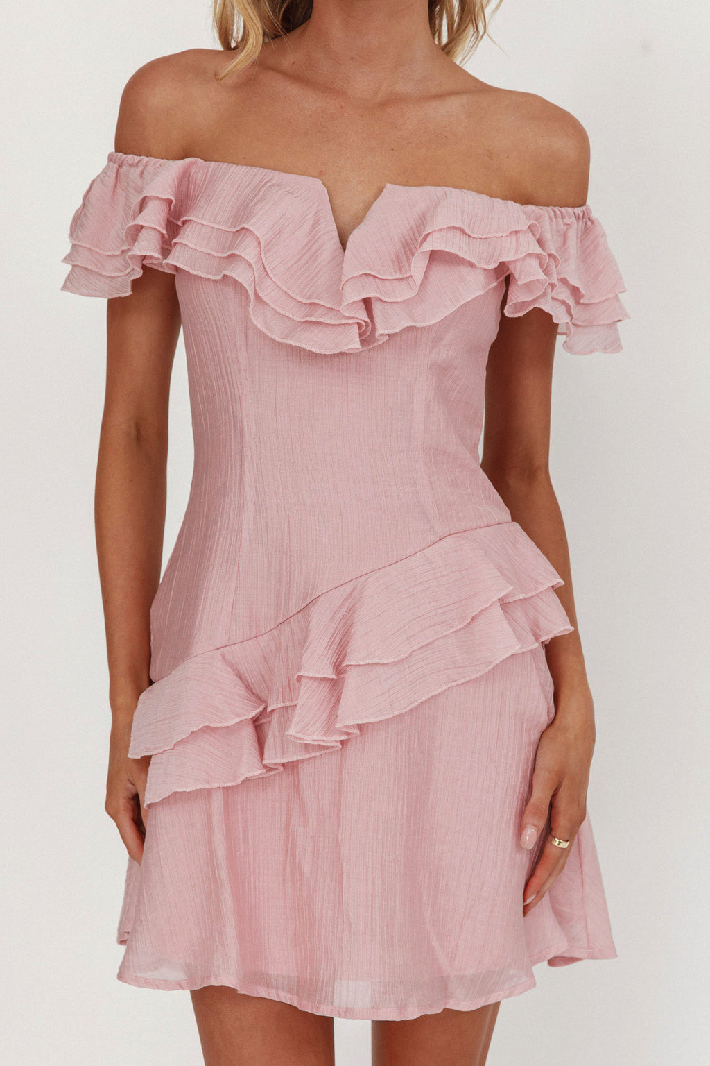 Sinclair Off-Shoulder Ruffle Trim Mini Dress Blush by Selfie Leslie