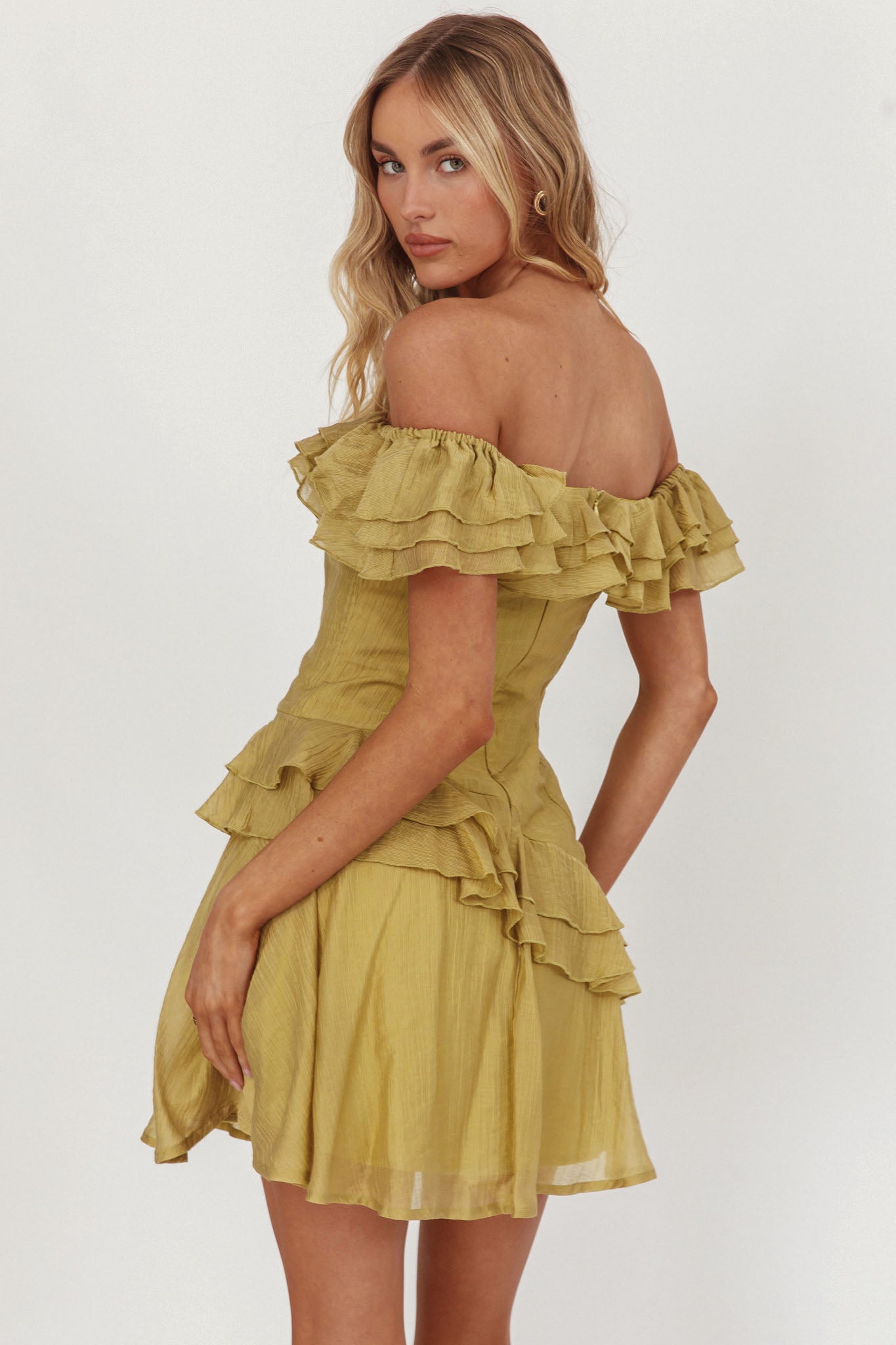 Sinclair Off-Shoulder Ruffle Trim Mini Dress Khaki by Selfie Leslie