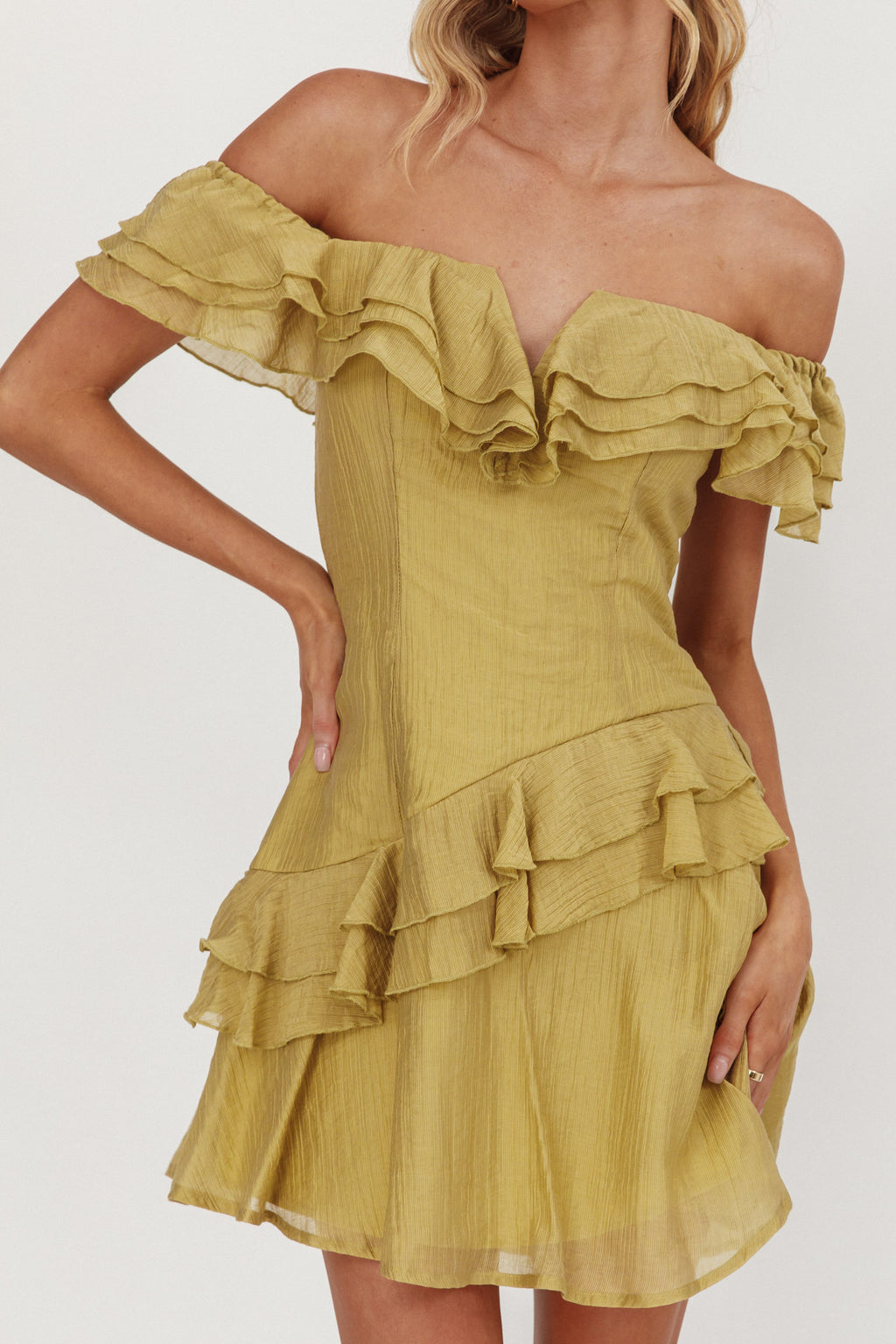 Sinclair Off-Shoulder Ruffle Trim Mini Dress Khaki by Selfie Leslie