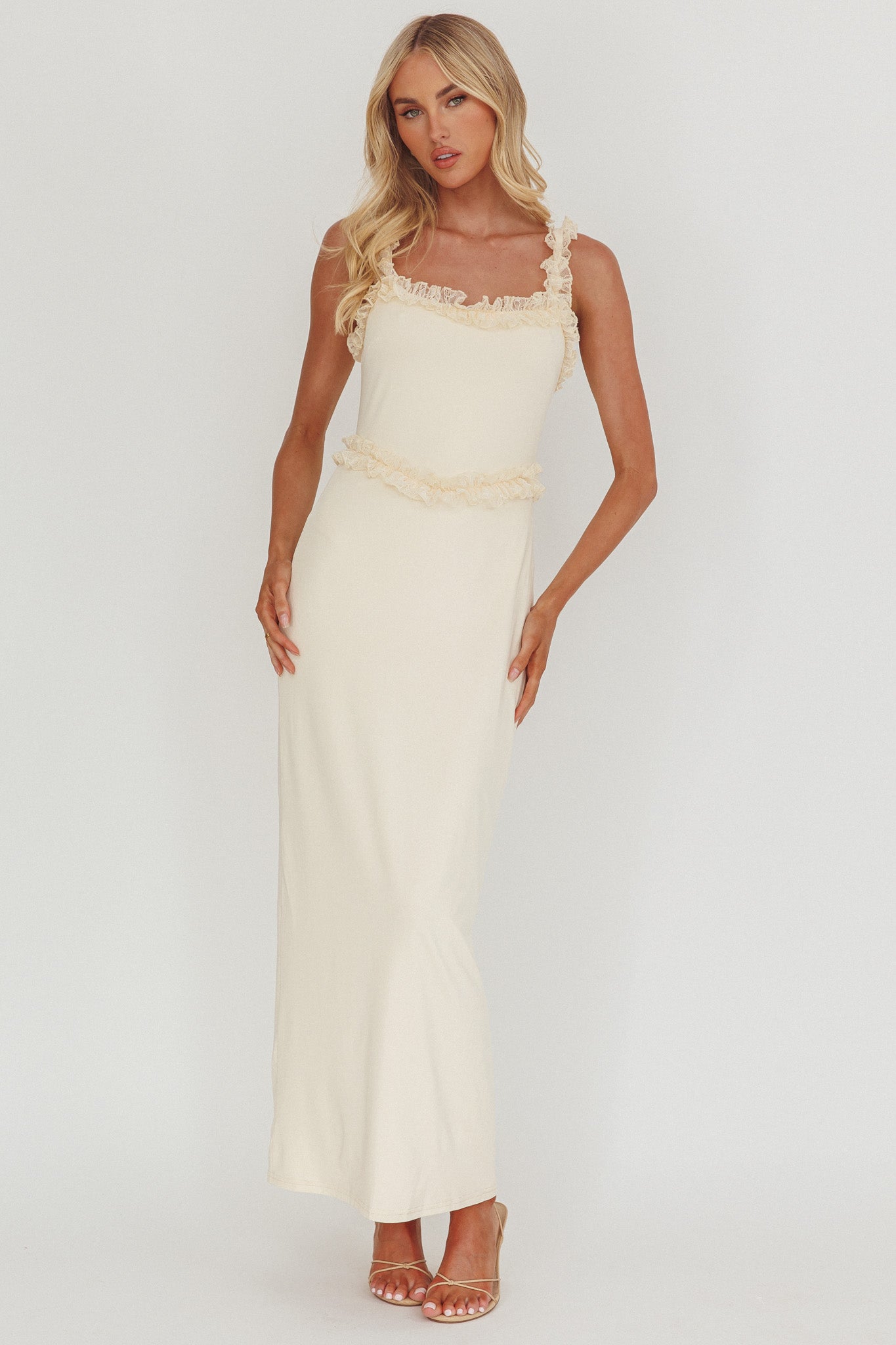 Olivera Lace Frill Trim Maxi Dress Cream by Selfie Leslie