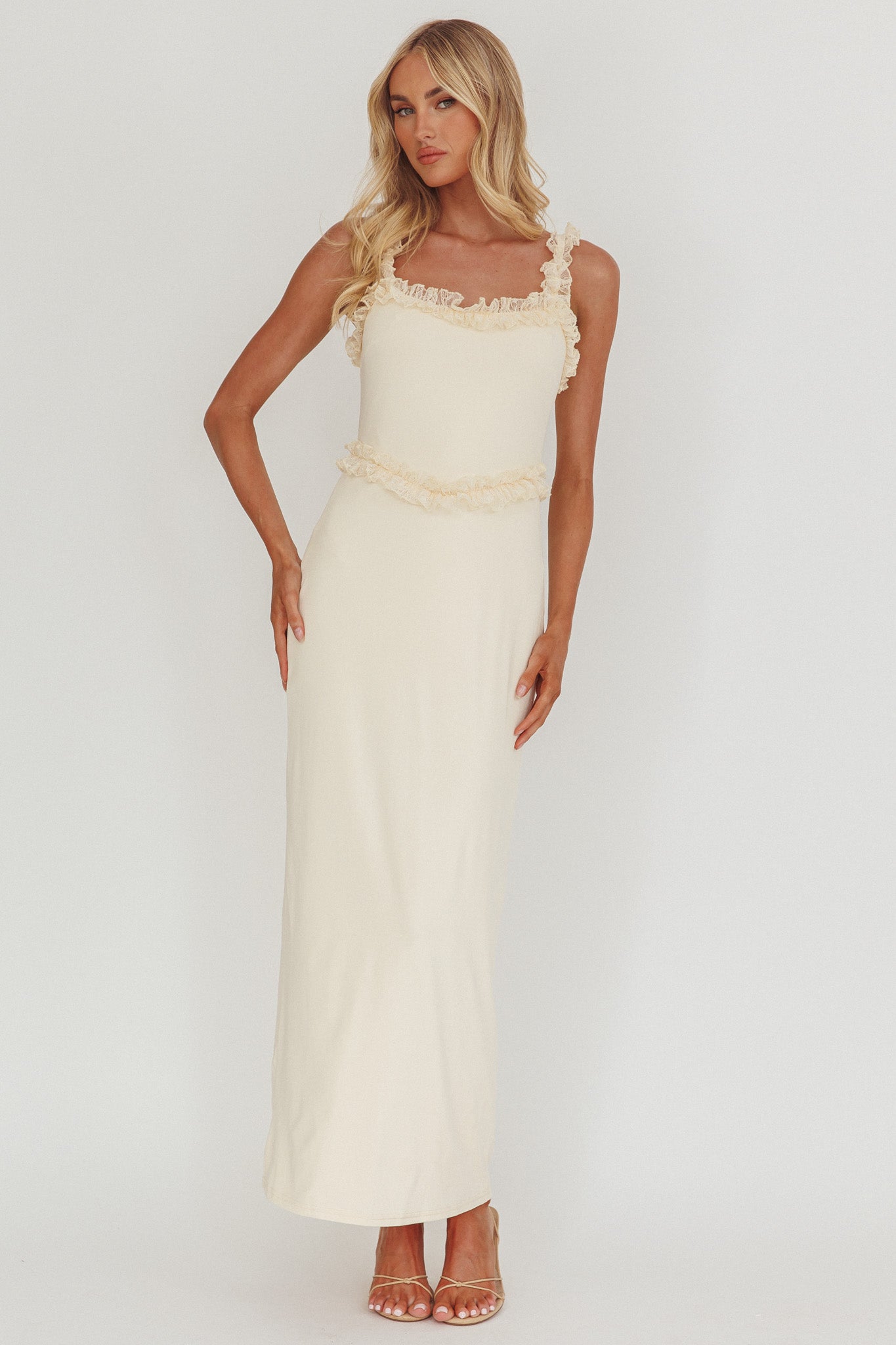 Olivera Lace Frill Trim Maxi Dress Cream by Selfie Leslie