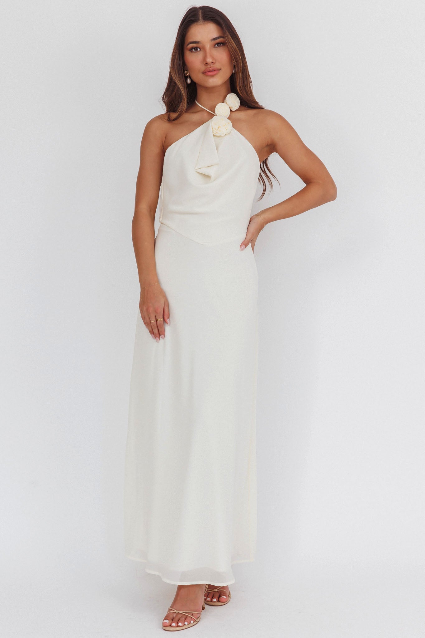 Petronilla Rosette Halterneck Maxi Dress Eggshell by Selfie Leslie