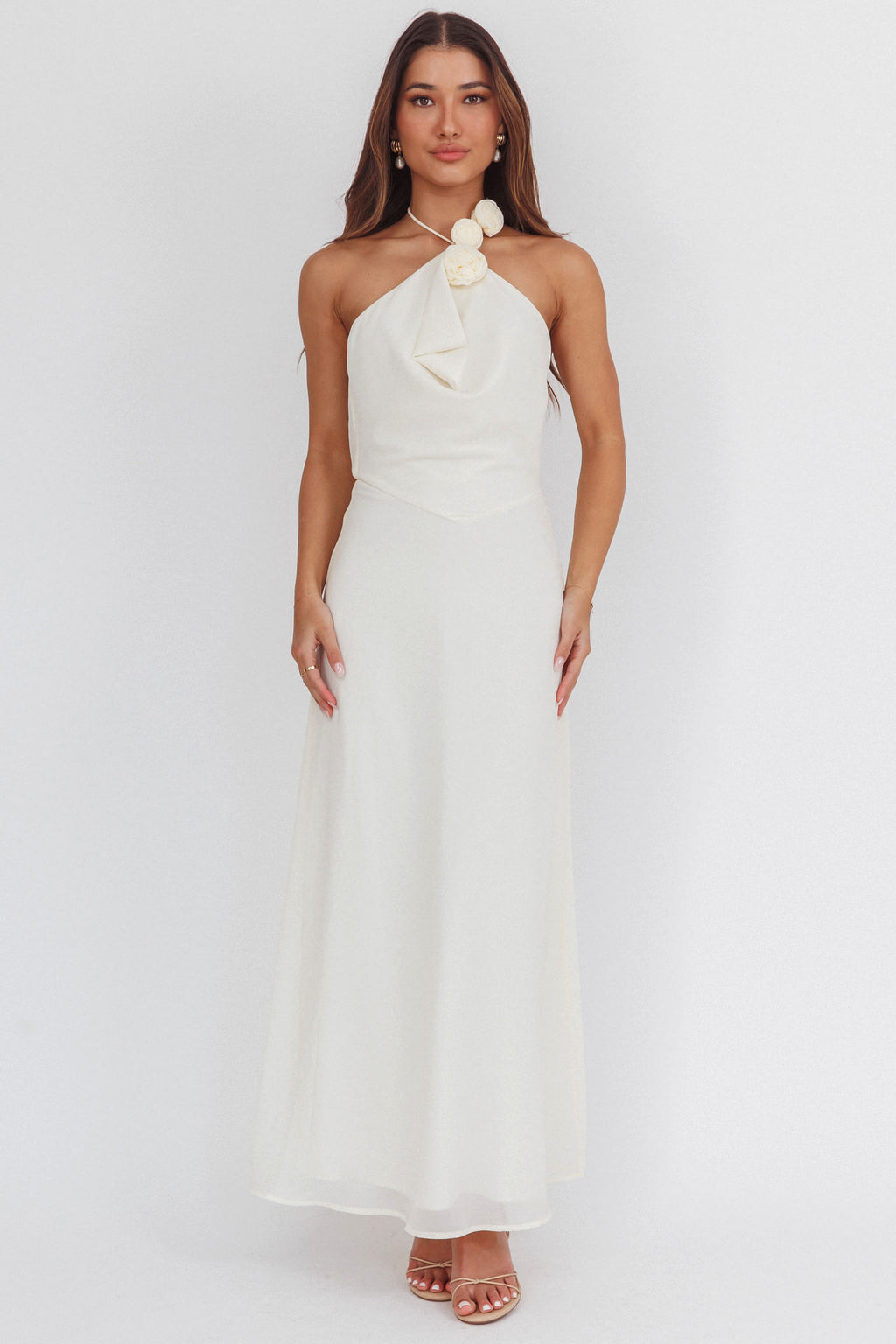 Petronilla Rosette Halterneck Maxi Dress Eggshell by Selfie Leslie