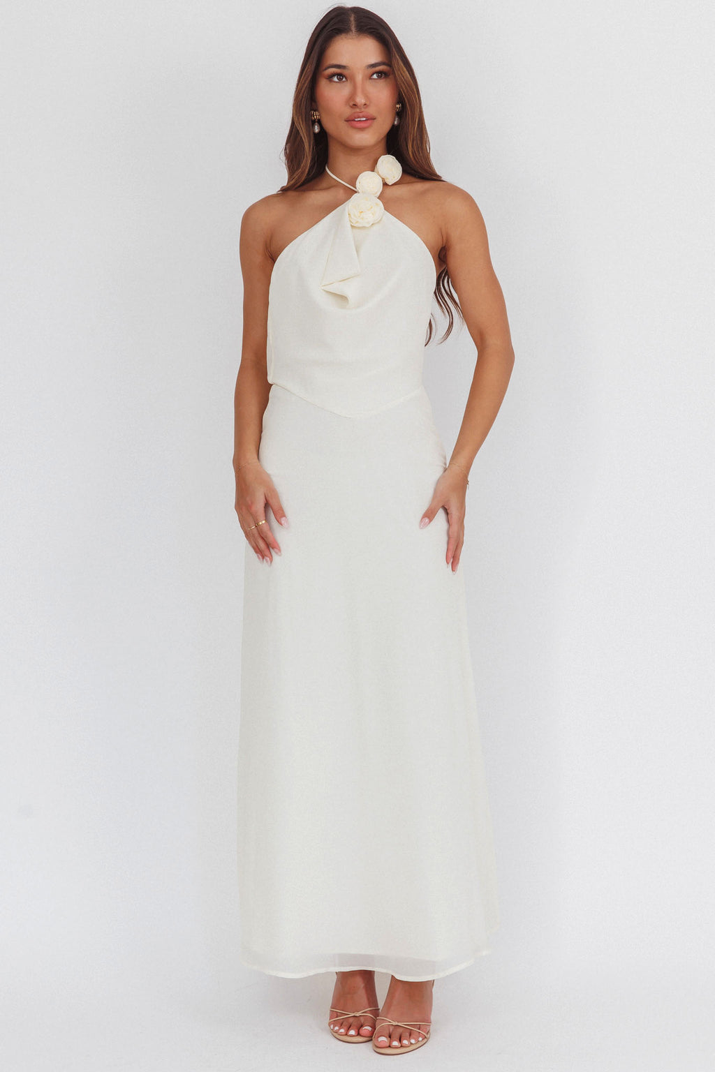 Petronilla Rosette Halterneck Maxi Dress Eggshell by Selfie Leslie