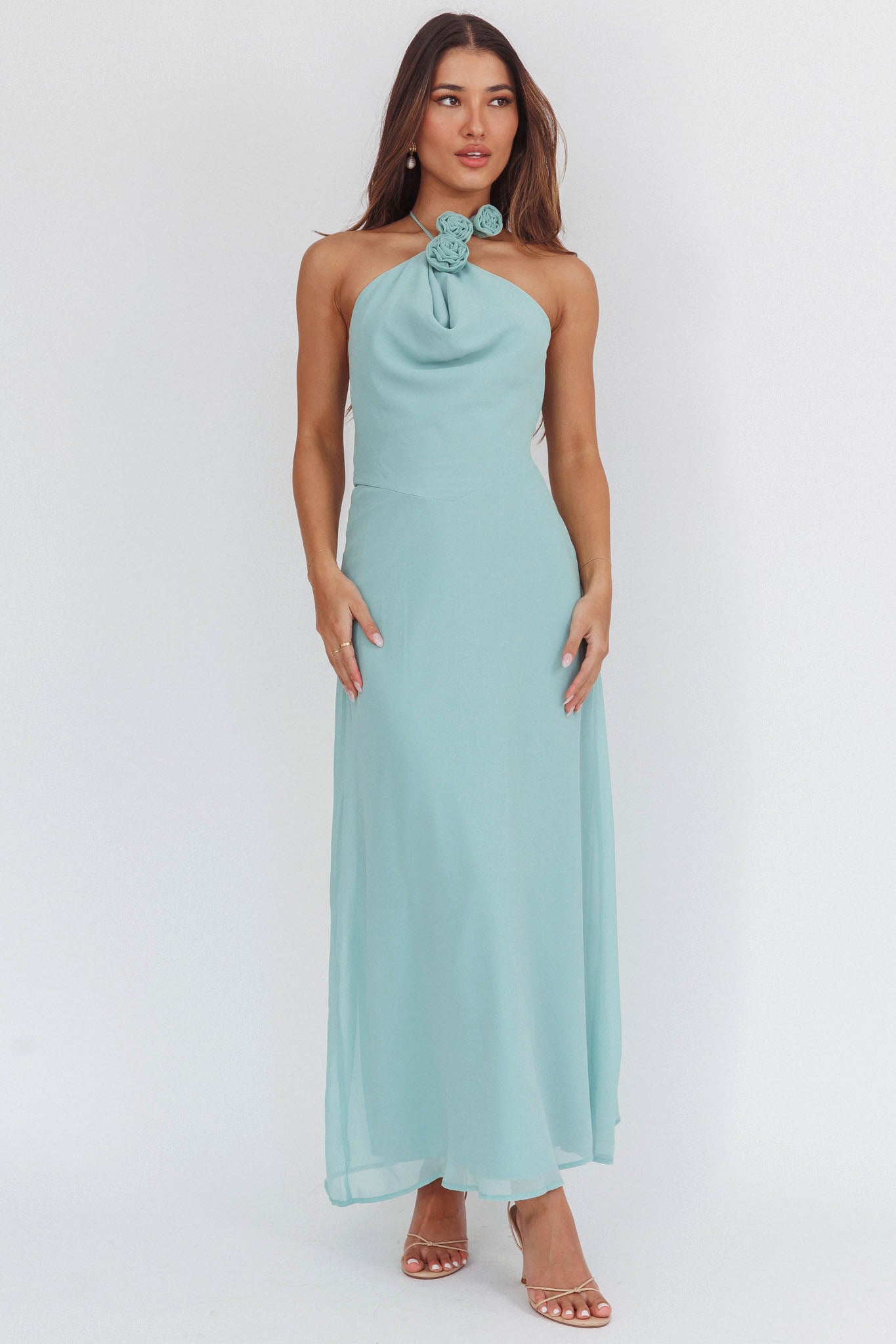 Petronilla Rosette Halterneck Maxi Dress Sage by Selfie Leslie