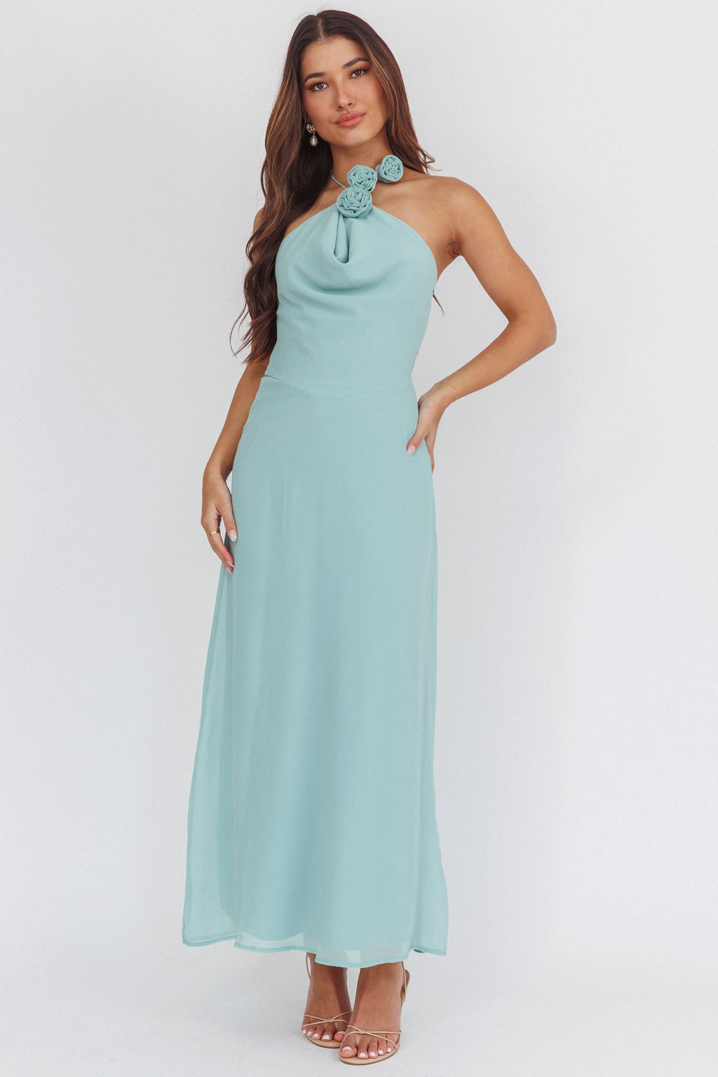 Petronilla Rosette Halterneck Maxi Dress Sage by Selfie Leslie