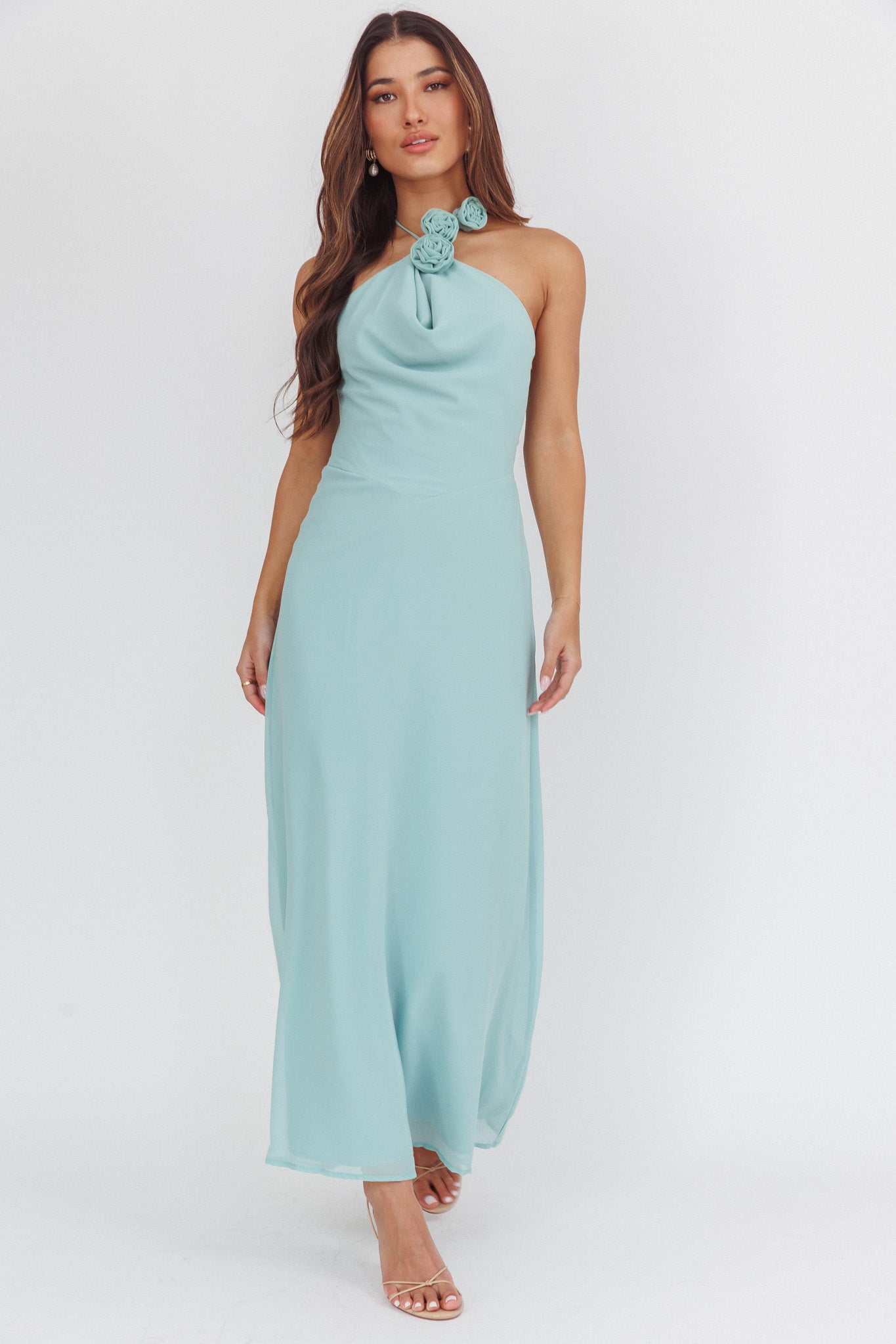 Petronilla Rosette Halterneck Maxi Dress Sage by Selfie Leslie