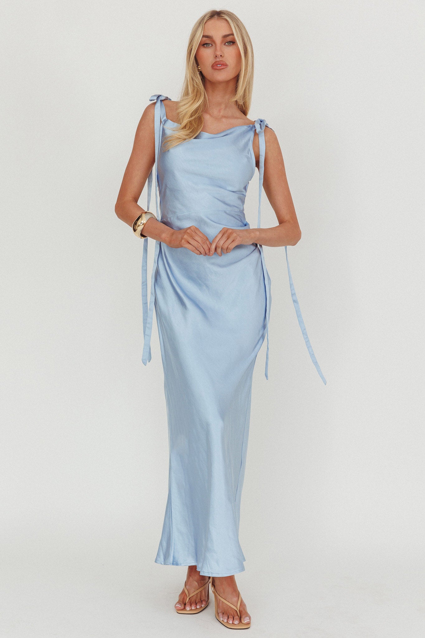 Glory Day Tied Shoulder Cowl Maxi Dress Ice Blue by Selfie Leslie