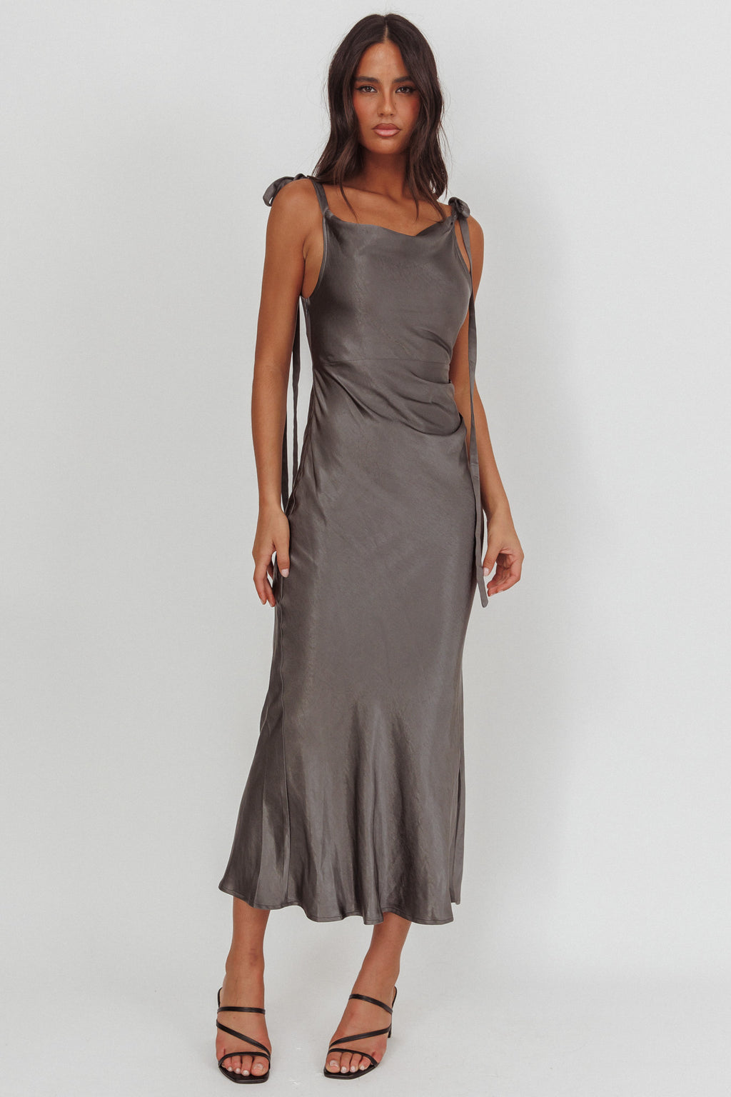 Glory Day Tied Shoulder Cowl Maxi Dress Charcoal by Selfie Leslie