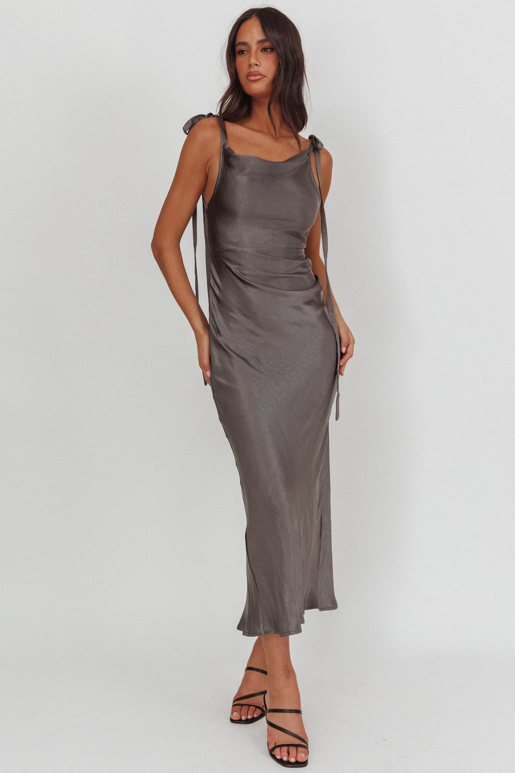 Glory Day Tied Shoulder Cowl Maxi Dress Charcoal by Selfie Leslie