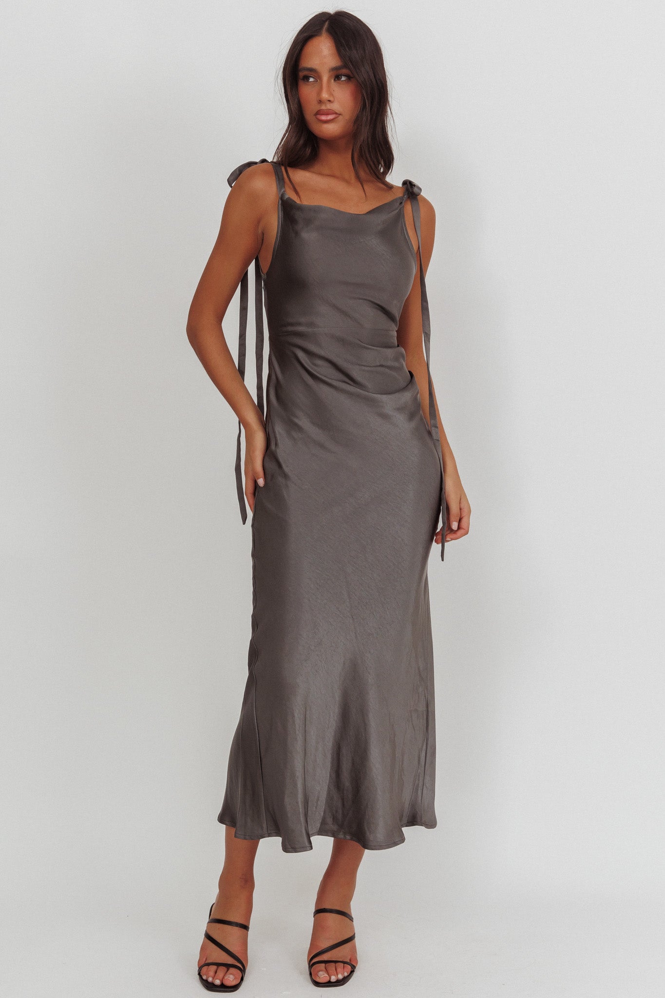 Glory Day Tied Shoulder Cowl Maxi Dress Charcoal by Selfie Leslie