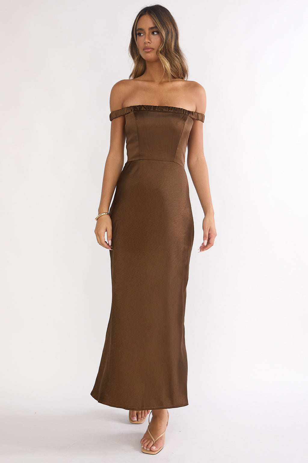 Cari Off-Shoulder Strap Maxi Dress Chocolate by Selfie Leslie