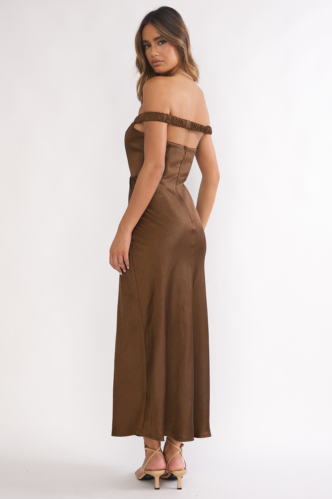 Cari Off-Shoulder Strap Maxi Dress Chocolate by Selfie Leslie