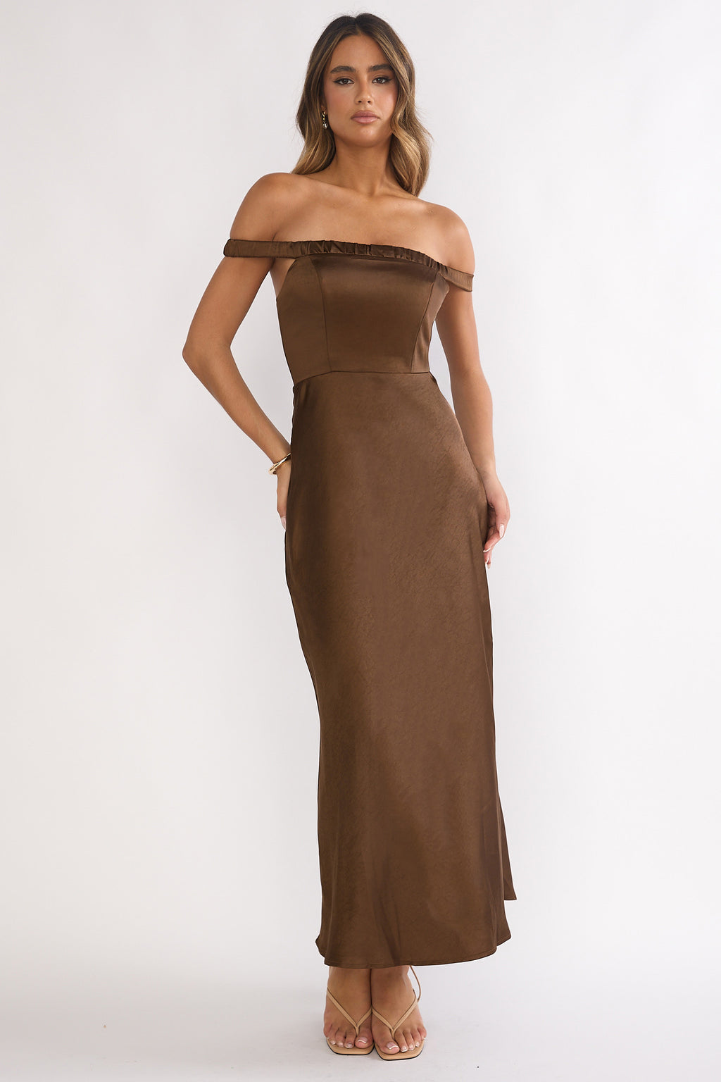 Cari Off-Shoulder Strap Maxi Dress Chocolate by Selfie Leslie