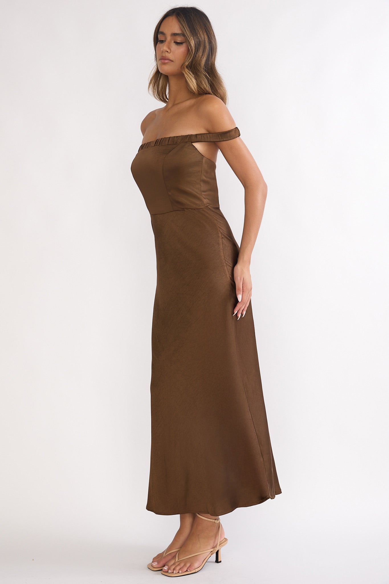 off shoulder brown maxi dress Phylis Off The Shoulder Maxi Dress | Chocolate | Womens