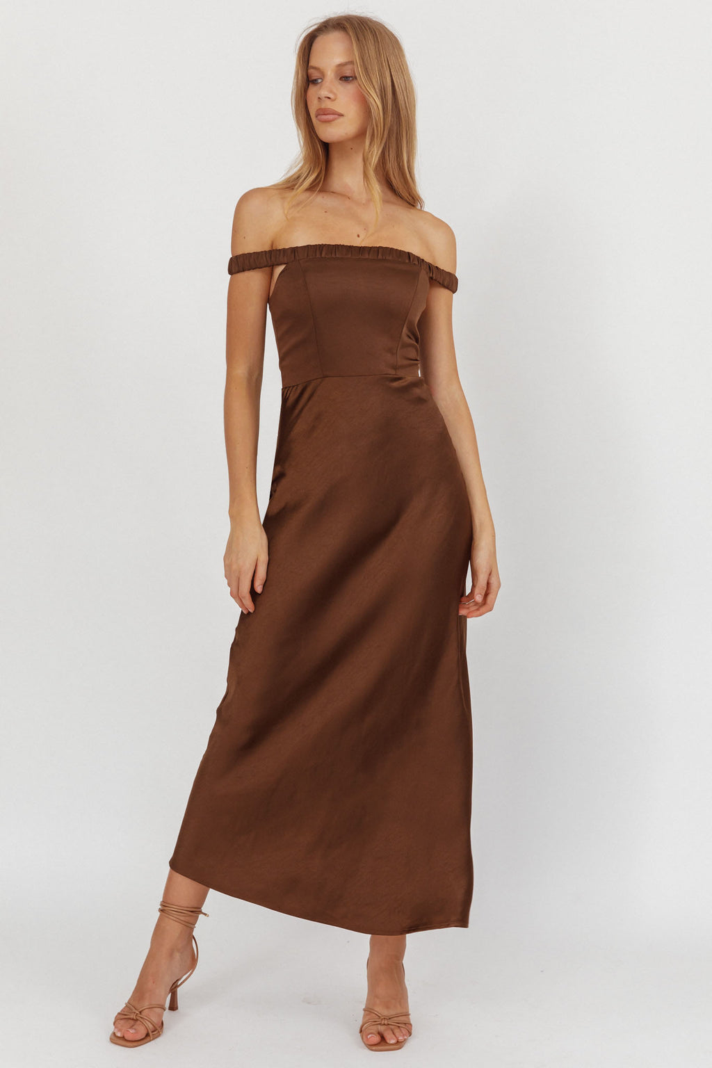 Cari Off-Shoulder Strap Maxi Dress Chocolate by Selfie Leslie