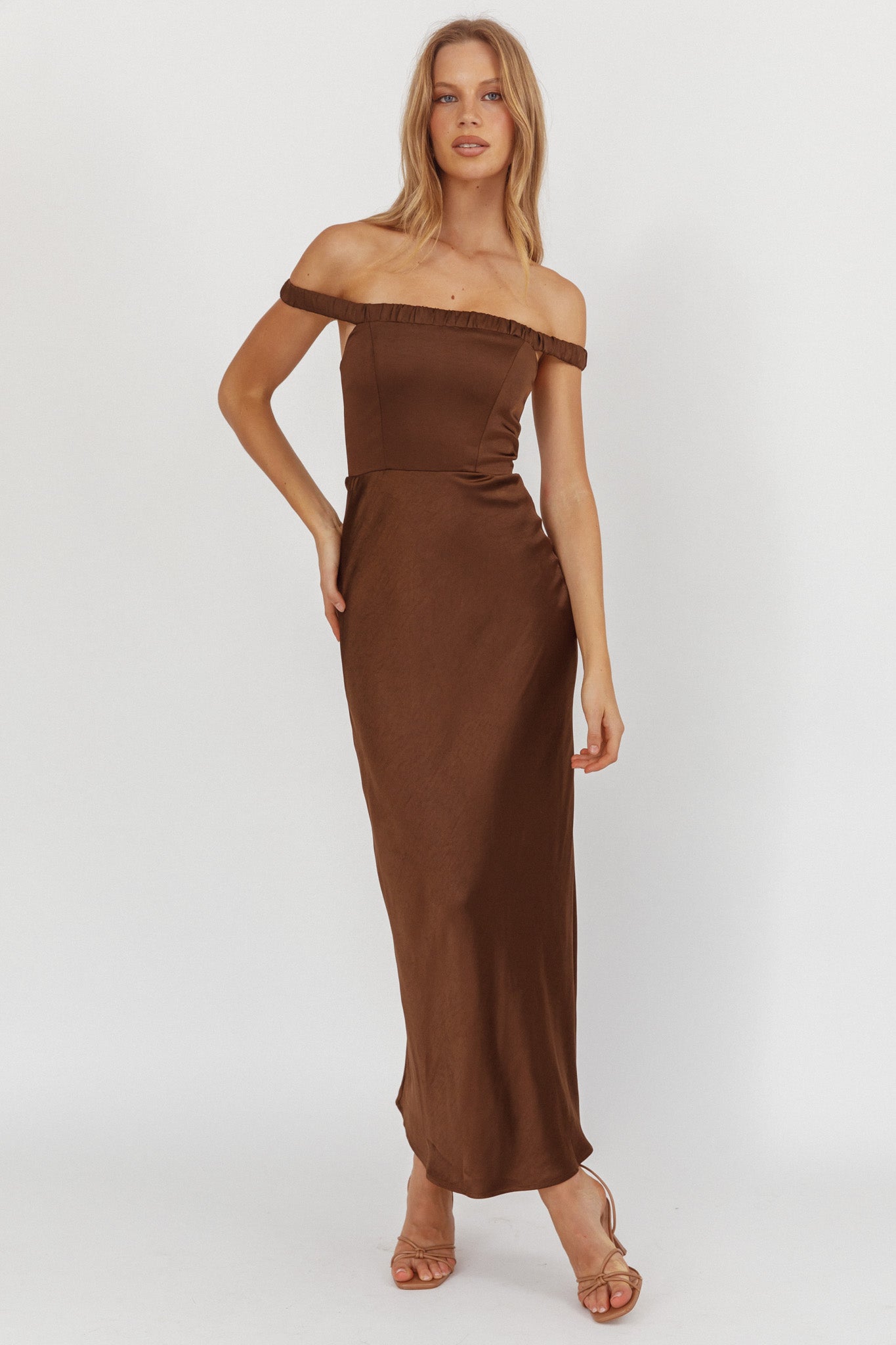 Cari Off-Shoulder Strap Maxi Dress Chocolate by Selfie Leslie