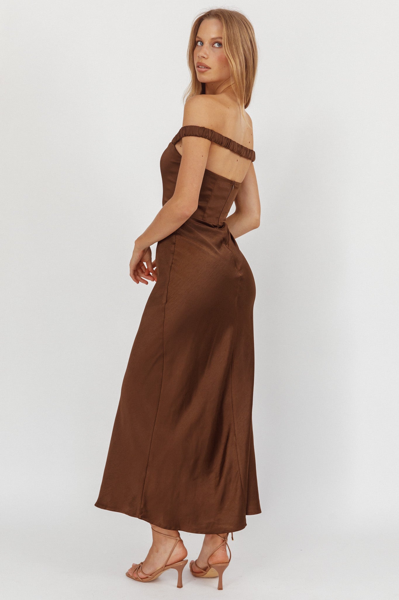 Cari Off-Shoulder Strap Maxi Dress Chocolate by Selfie Leslie