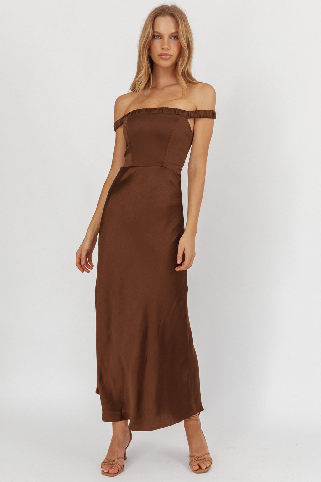 Cari Off-Shoulder Strap Maxi Dress Chocolate by Selfie Leslie