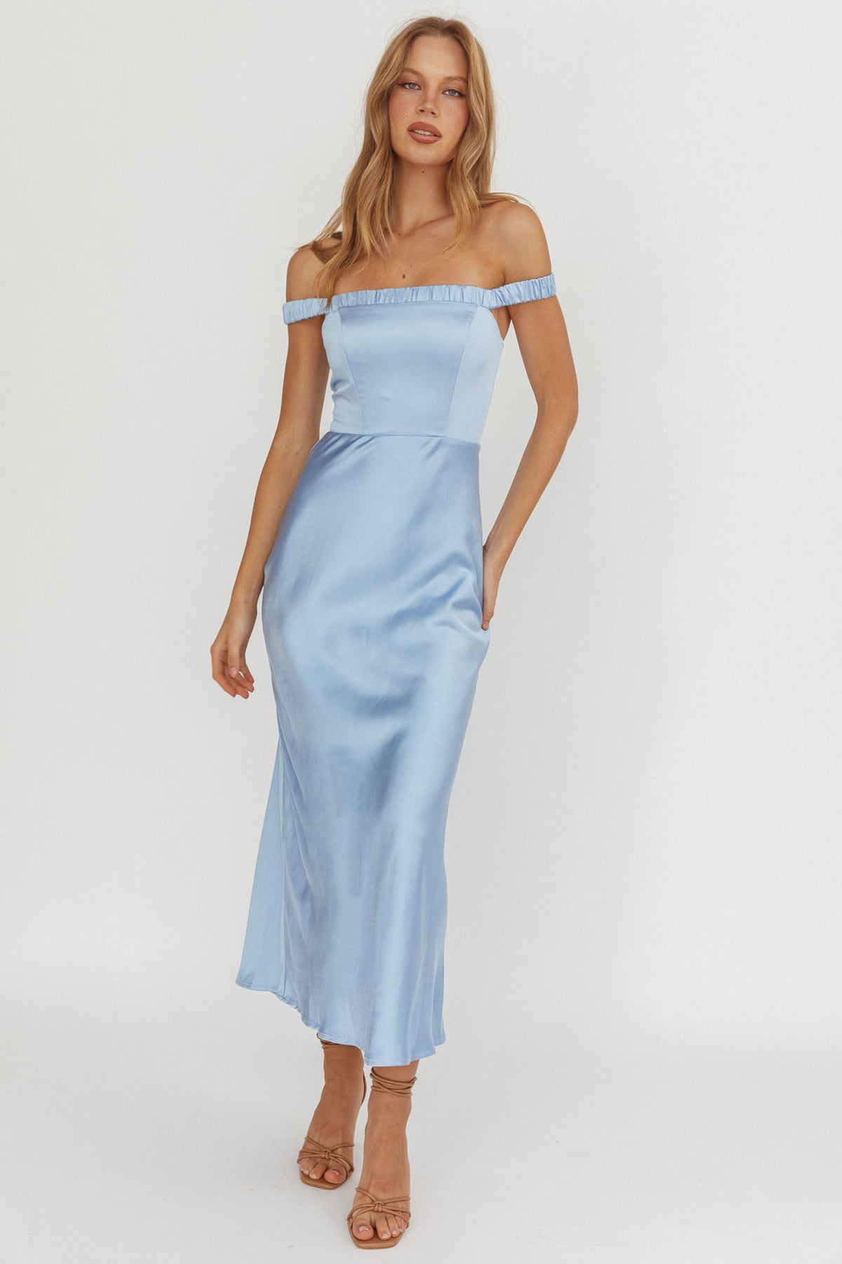 off shoulder strappy dress Cari Off-Shoulder Strap Maxi Ice Blue and has a lined color:Skyfall 70s style dress ZAPAKA Women Hot Pink