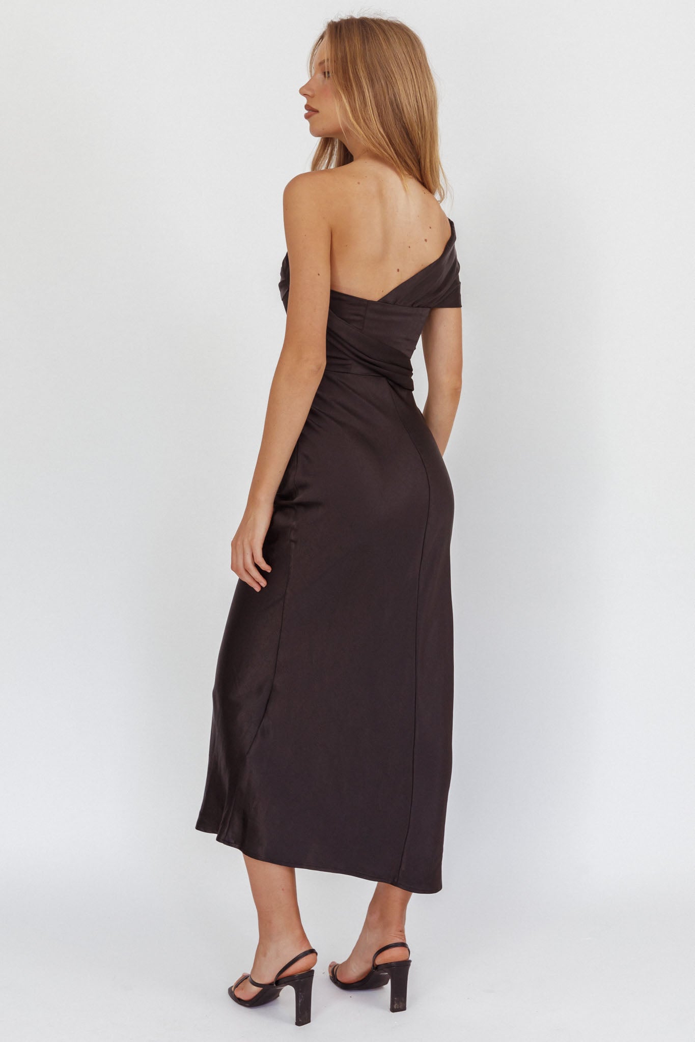 Guinevere One-Shoulder Waist Sash Maxi Dress Black by Selfie Leslie
