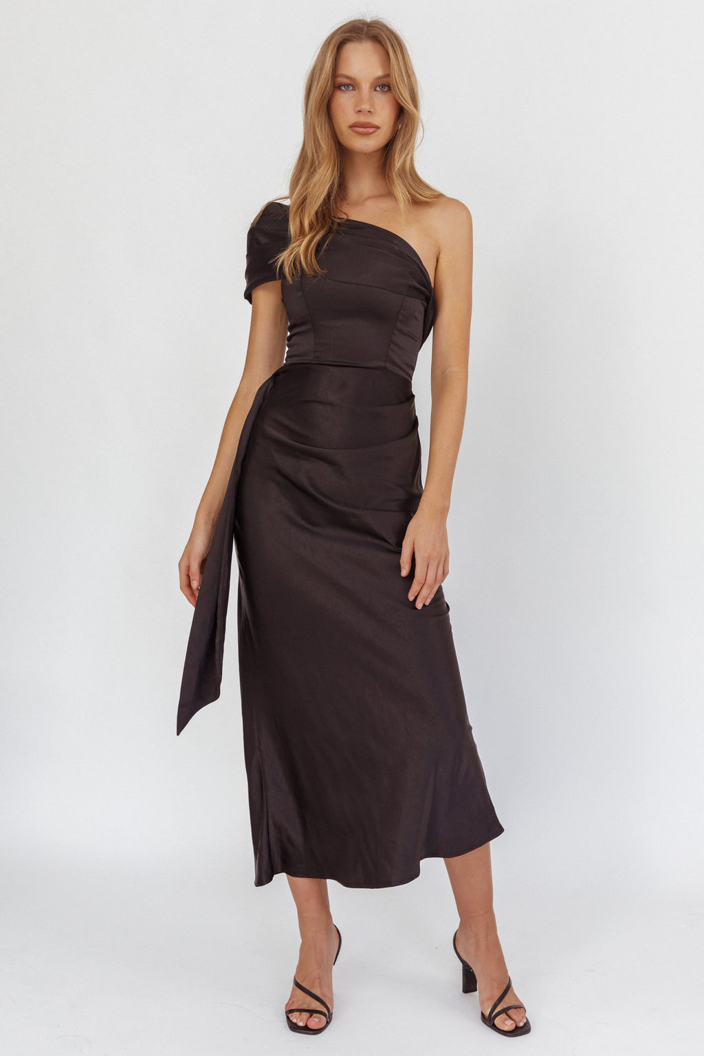 Guinevere One-Shoulder Waist Sash Maxi Dress Black by Selfie Leslie