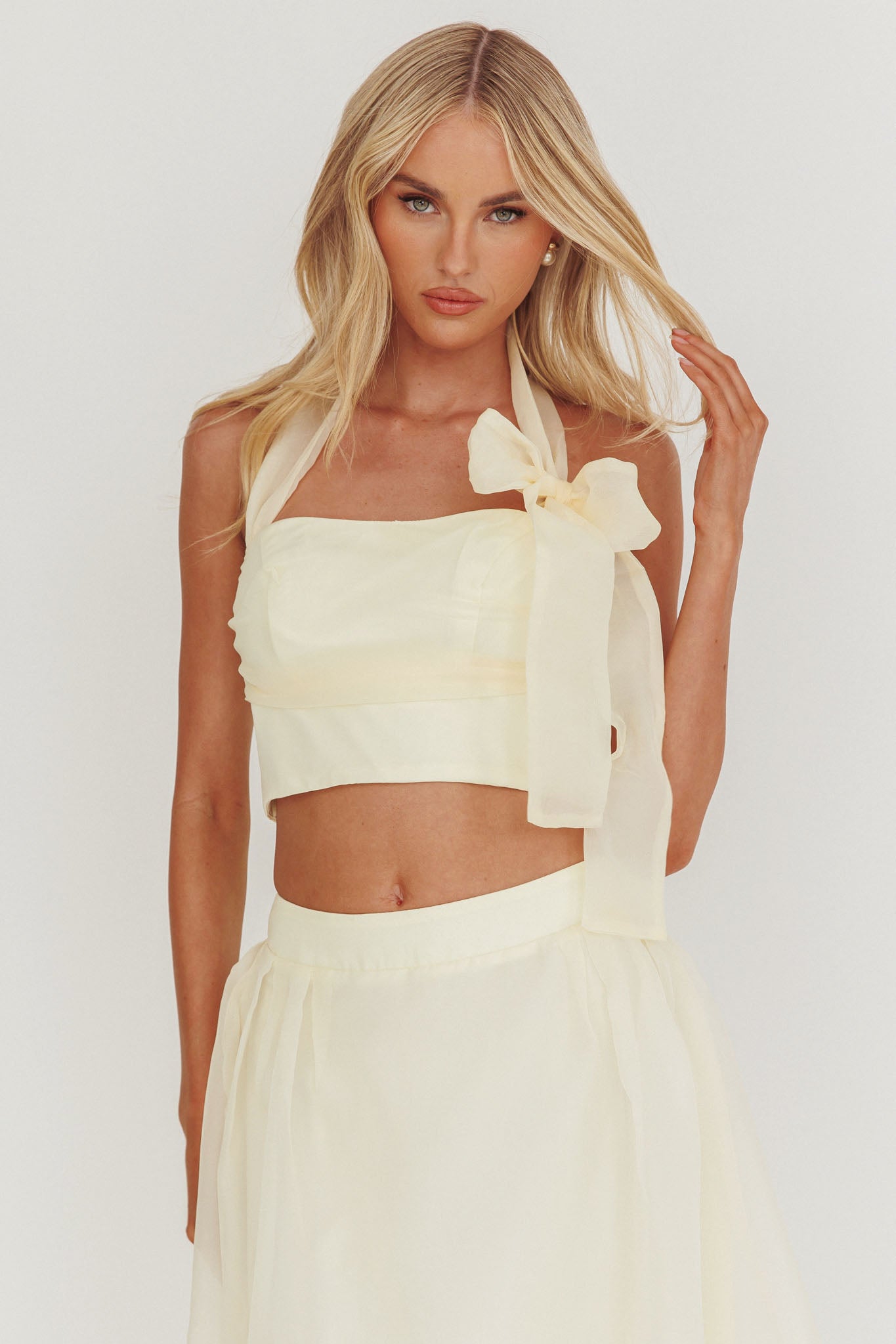 Simple Things Bow Halter Crop Top Butter by Selfie Leslie