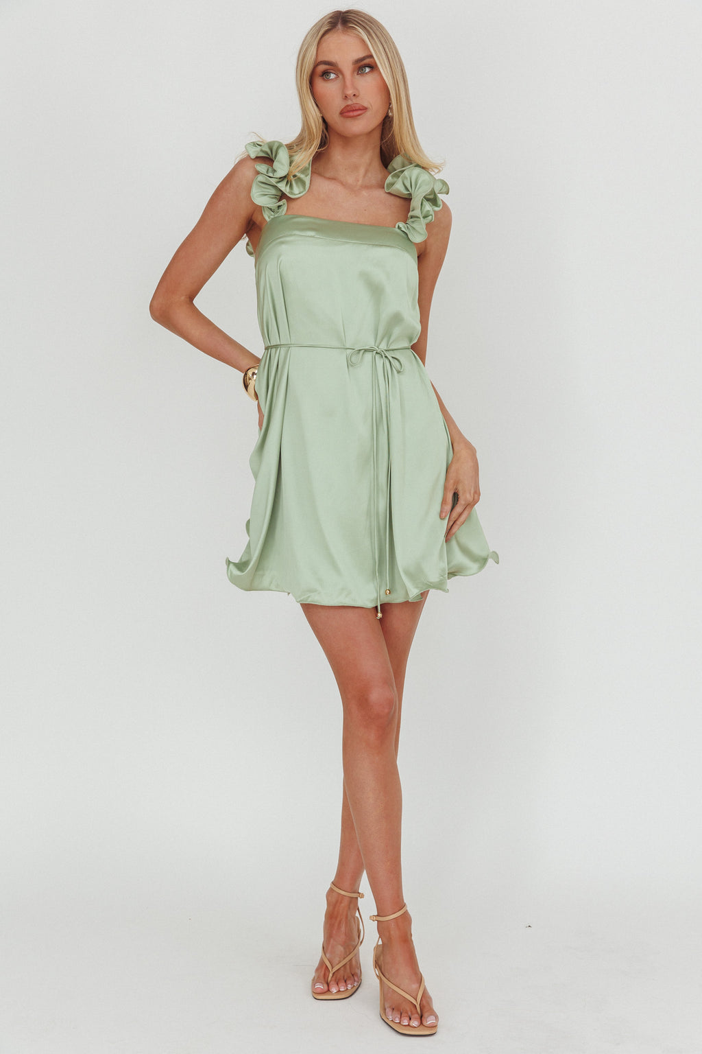 Glow Lettuce Edge Strap Mini Dress Pistachio by Selfie Leslie