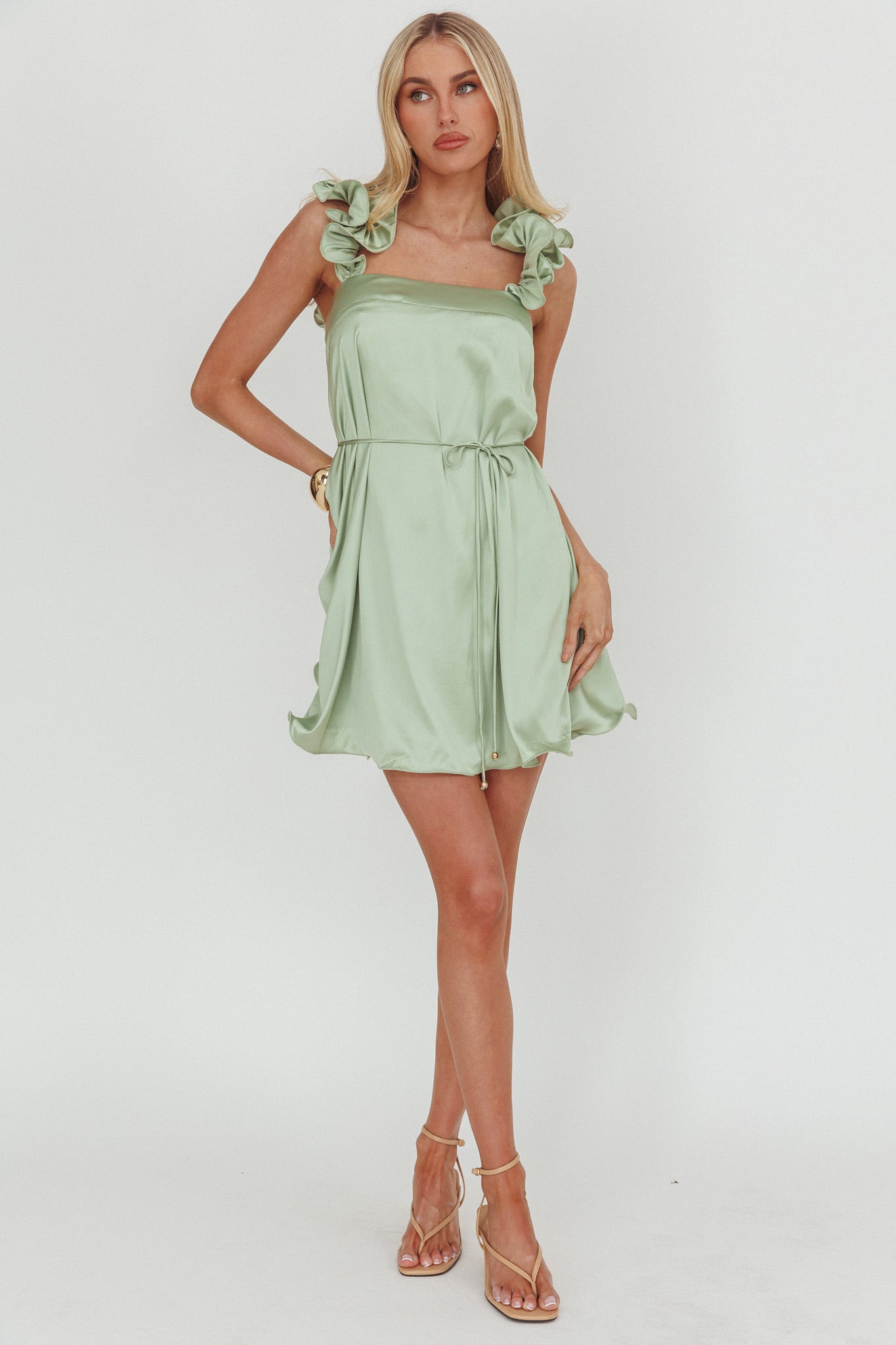 Glow Lettuce Edge Strap Mini Dress Pistachio by Selfie Leslie