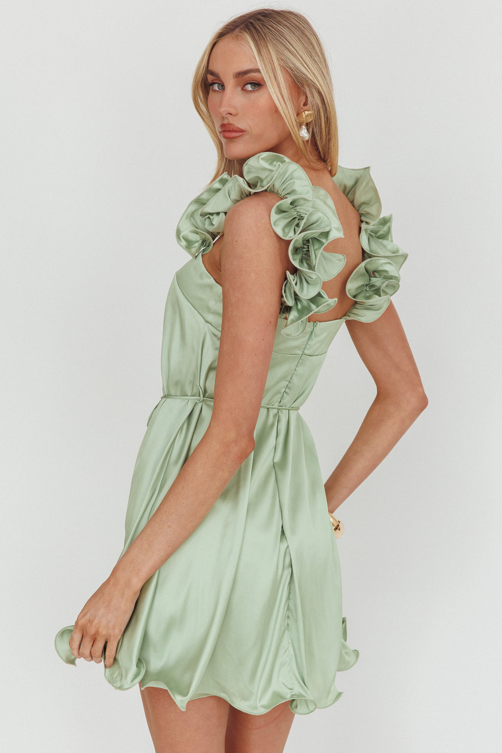 Glow Lettuce Edge Strap Mini Dress Pistachio by Selfie Leslie