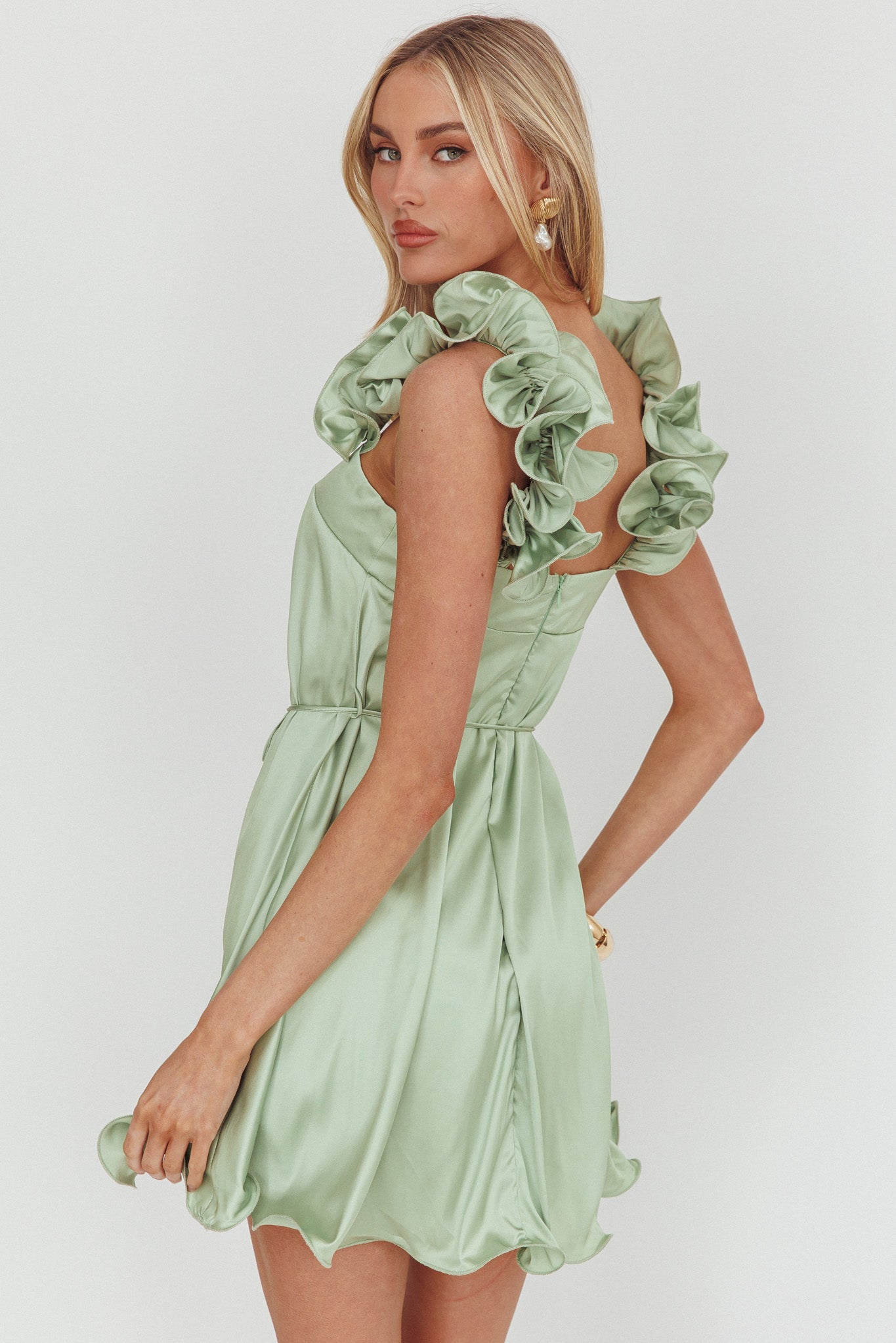 Glow Lettuce Edge Strap Mini Dress Pistachio by Selfie Leslie