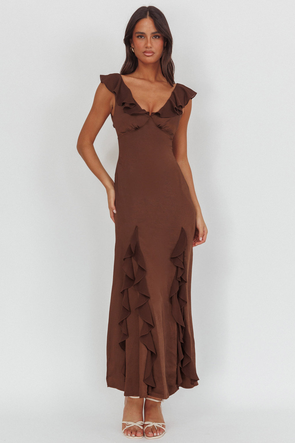 Zerai Ruffle Trimmed Maxi Dress Chocolate by Selfie Leslie