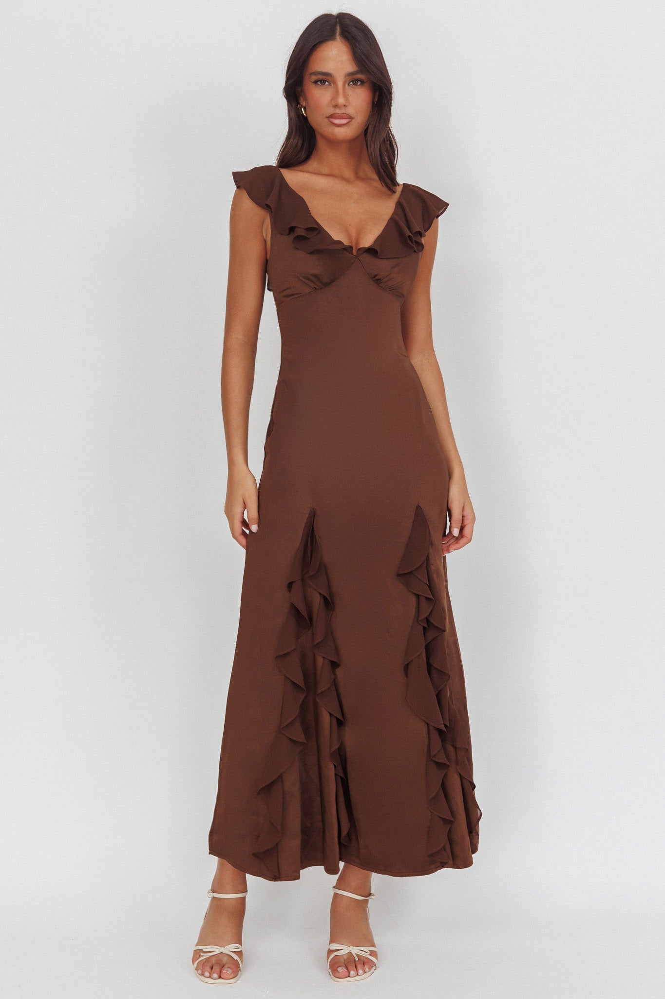 Zerai Ruffle Trimmed Maxi Dress Chocolate– Selfie Leslie