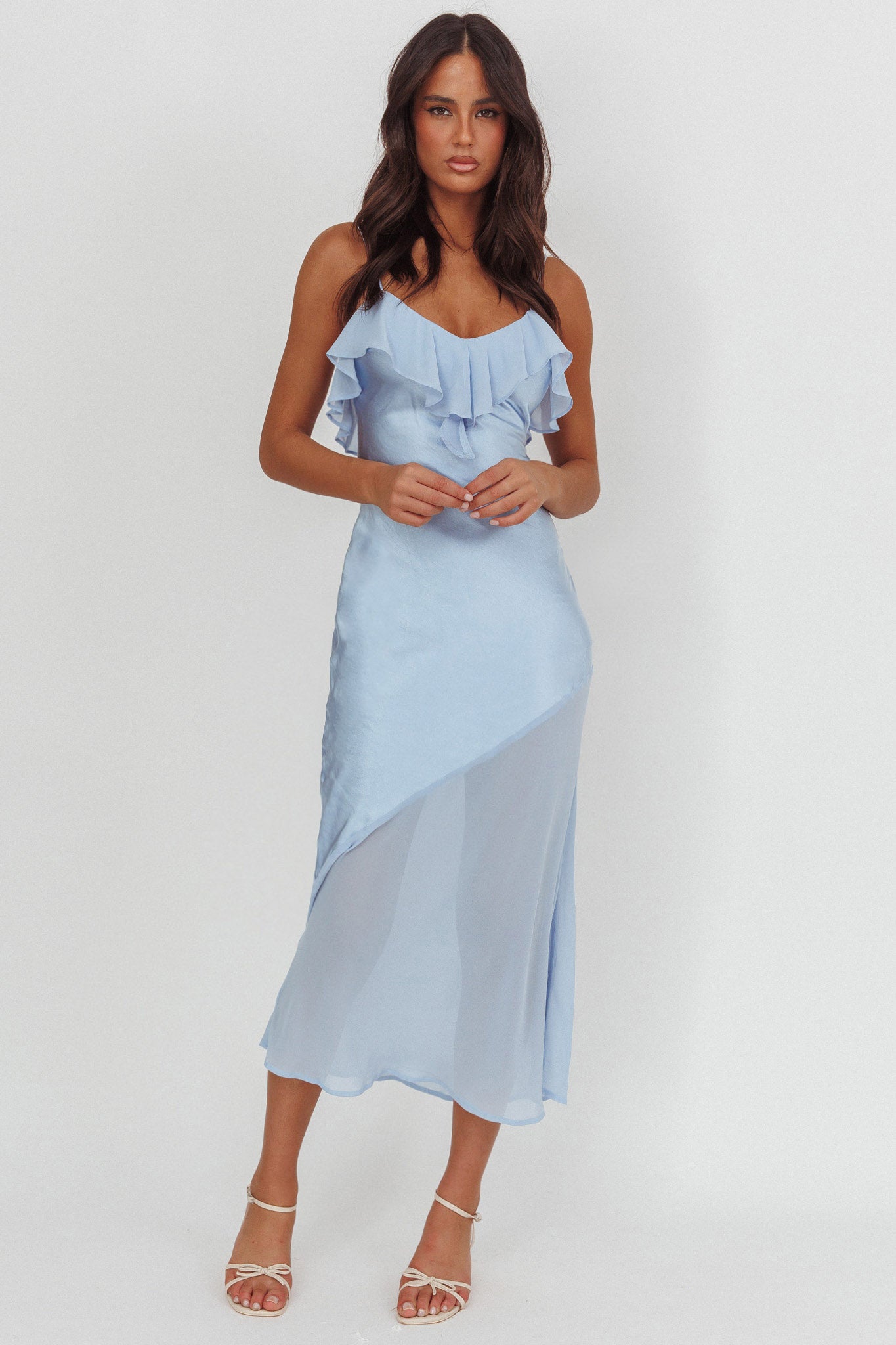 Talula Sheer Hem Ruffle Midi Dress Blue - L Talula Sheer Hem Ruffle Midi Dress Blue - L