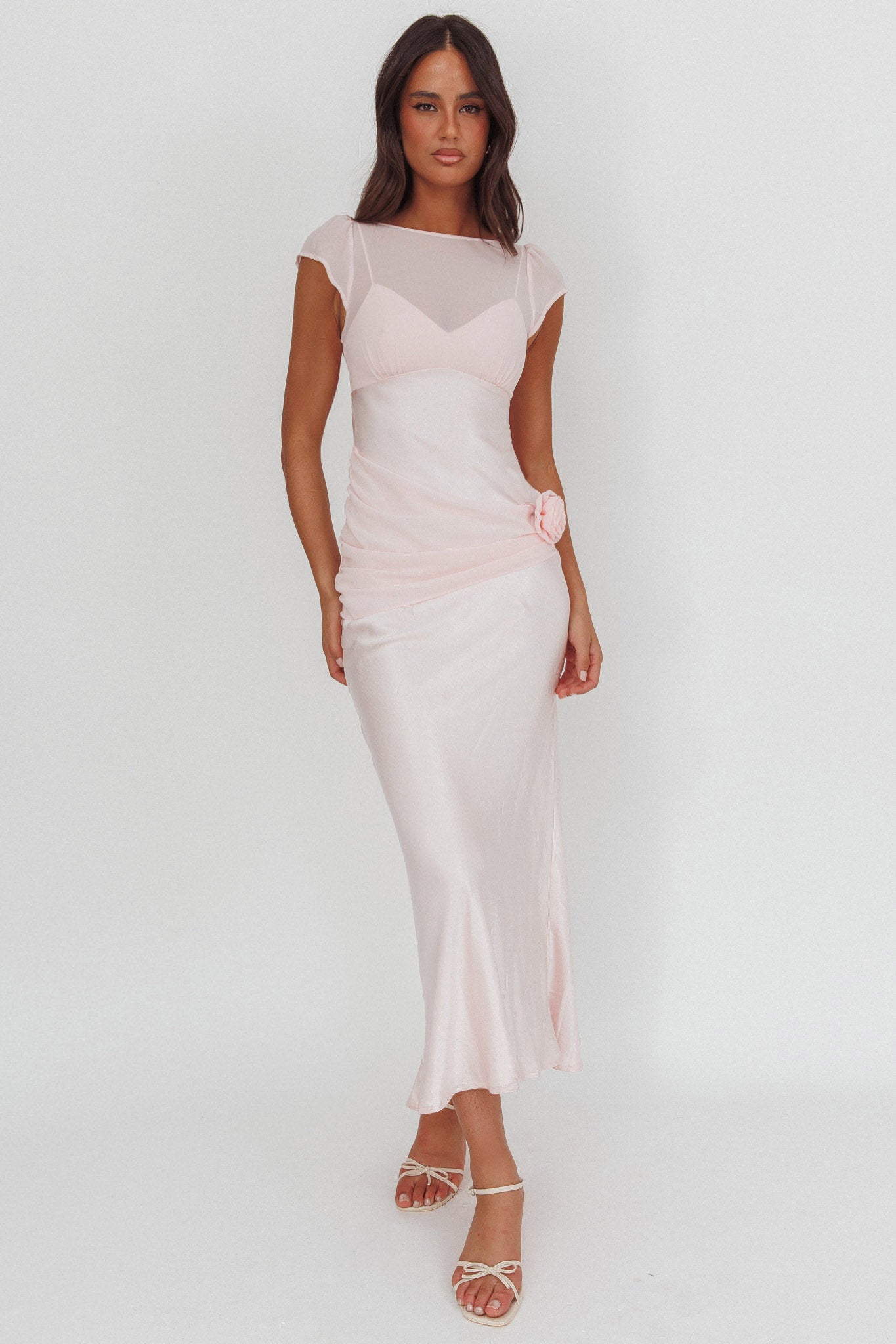 Shop the Enchanted Dusk Cap Sleeve Rosette Maxi Dress Pink