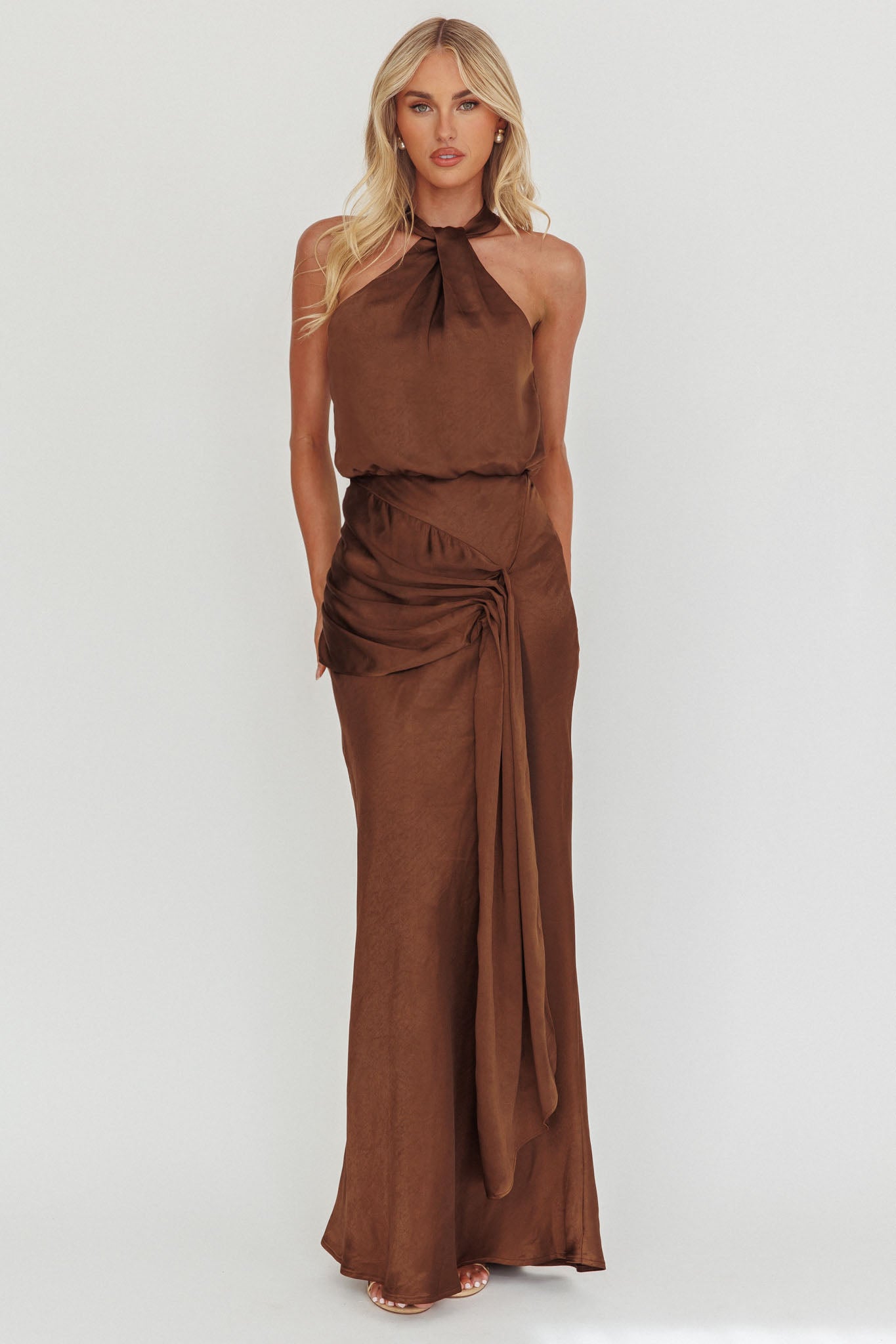 Linette Halterneck Draped Sash Maxi Dress Chocolate - XL