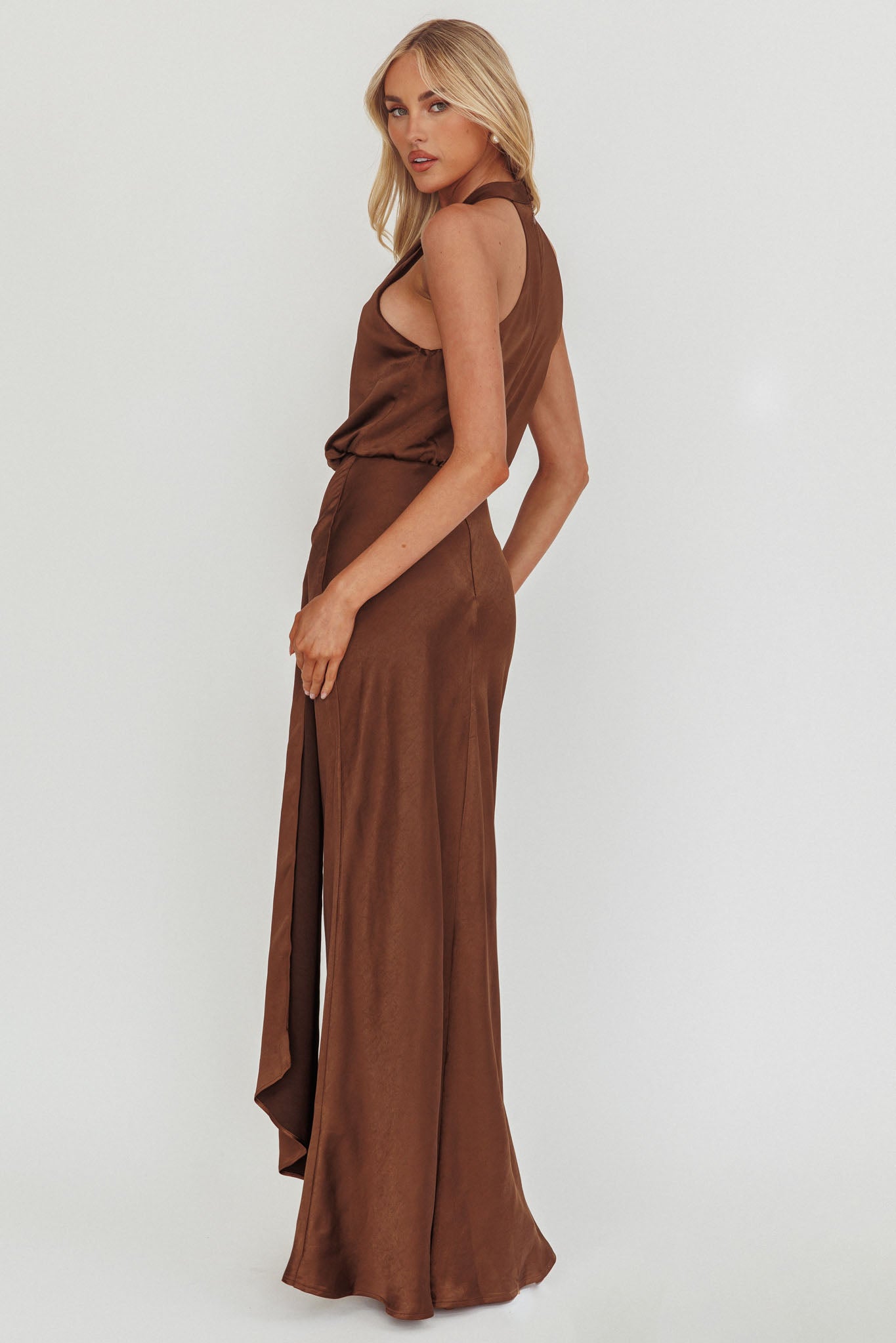 Linette Halterneck Draped Sash Maxi Dress Chocolate - XL Linette Halterneck Draped Sash Maxi Dress Chocolate - XL