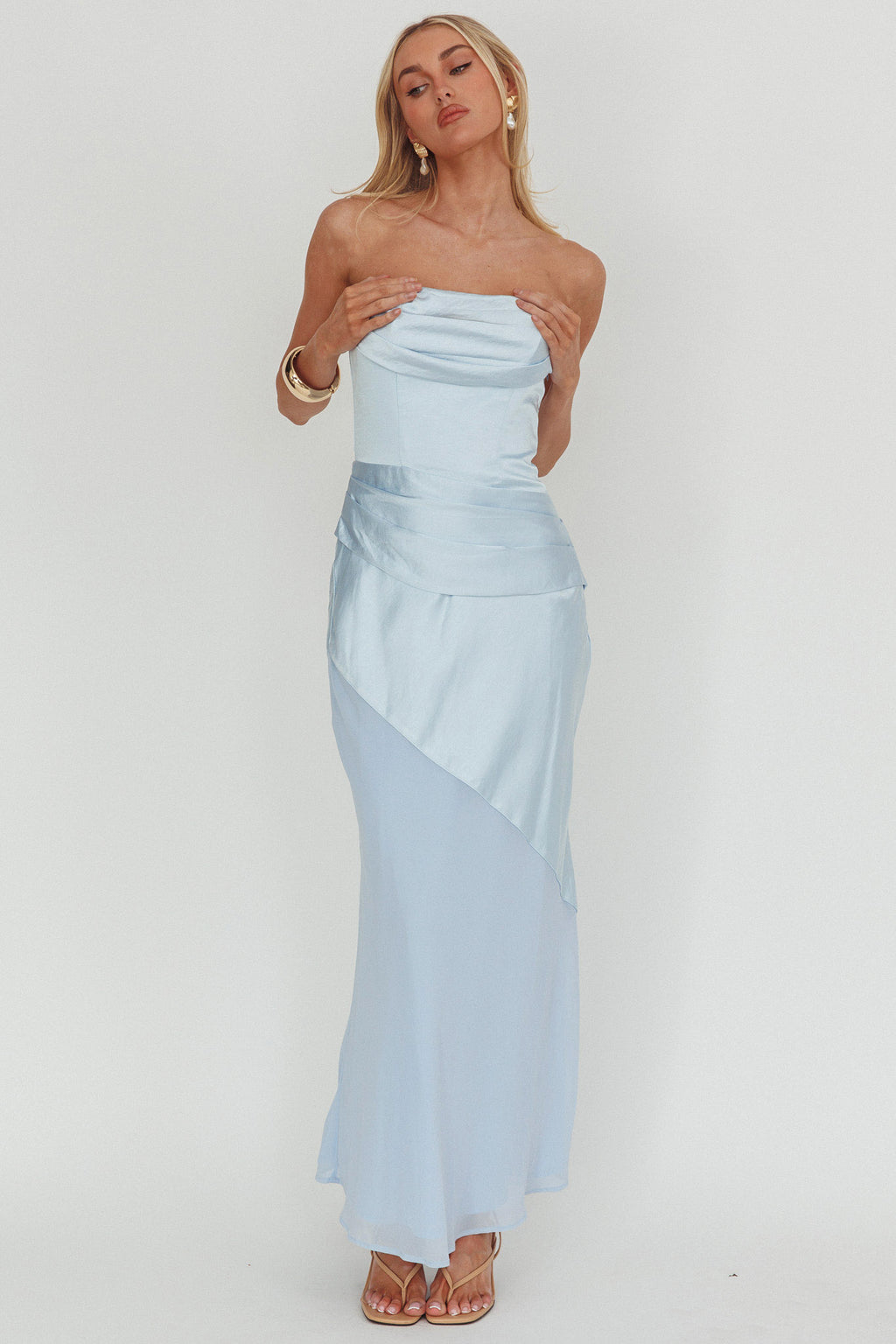 Moon Aura Pleat Detail Strapless Maxi Dress Blue by Selfie Leslie