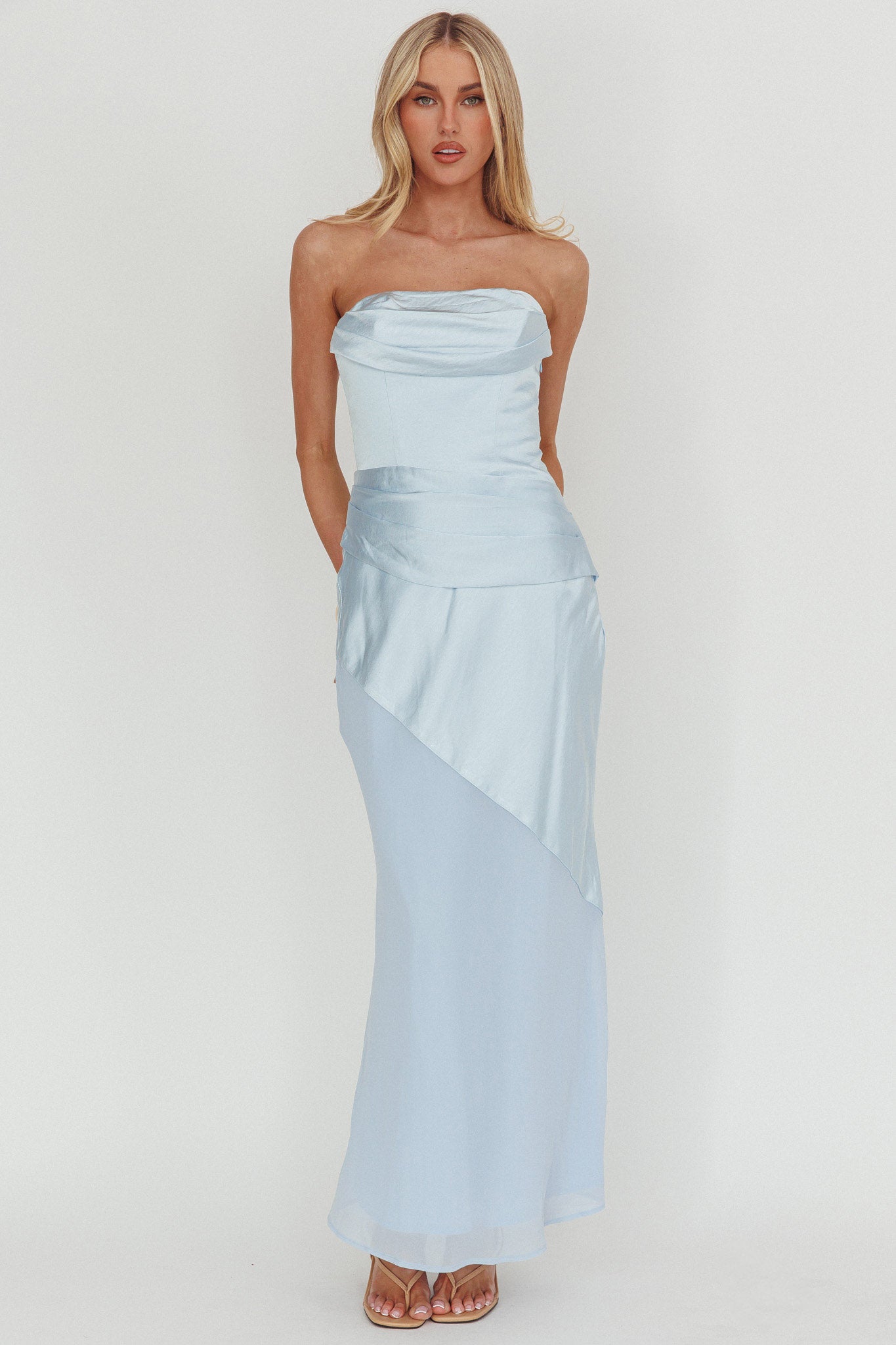 Moon Aura Pleat Detail Strapless Maxi Dress Blue by Selfie Leslie